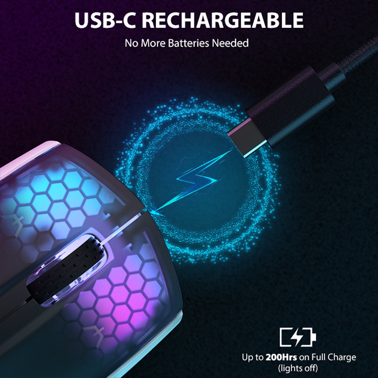 Attack Shark X5 gaming mouse USB-C rechargeable feature with RGB lighting and battery life details