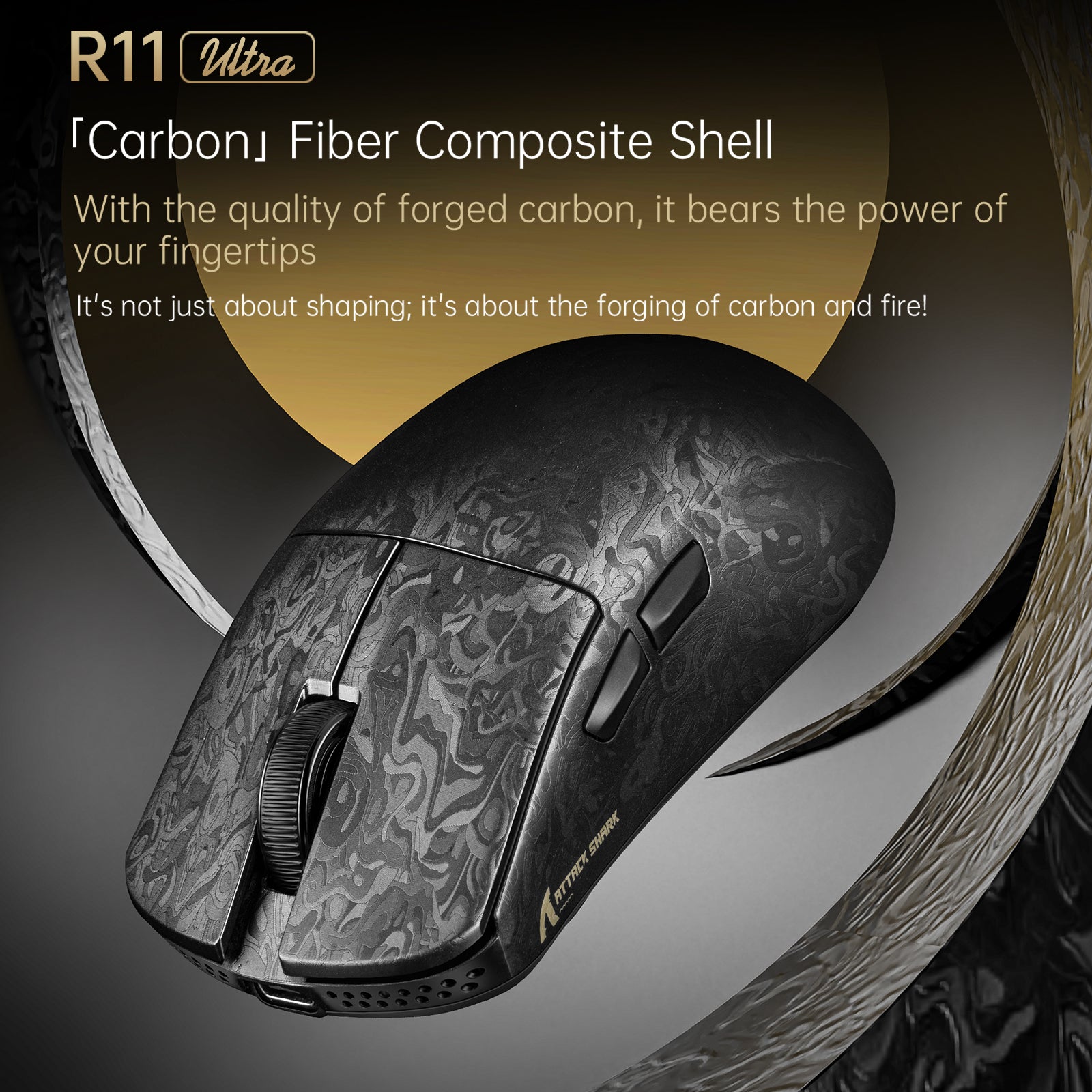ATTACK SHARK R11 ULTRA gaming mouse with distinctive forged carbon fiber shell.