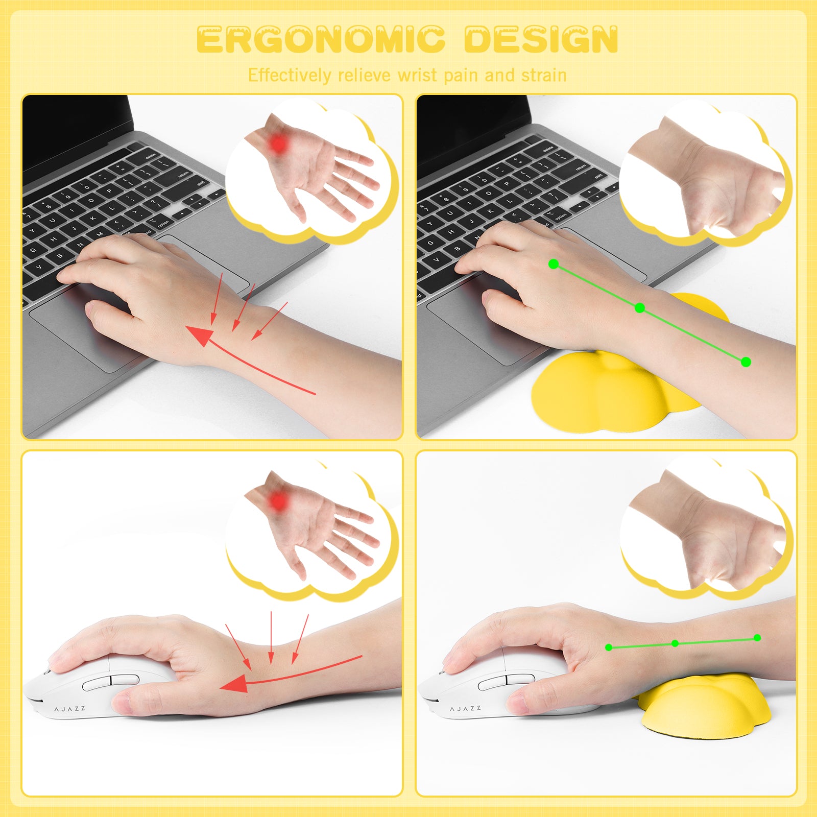 Illustration showing ergonomic design of yellow cloud wrist rest reducing wrist strain.