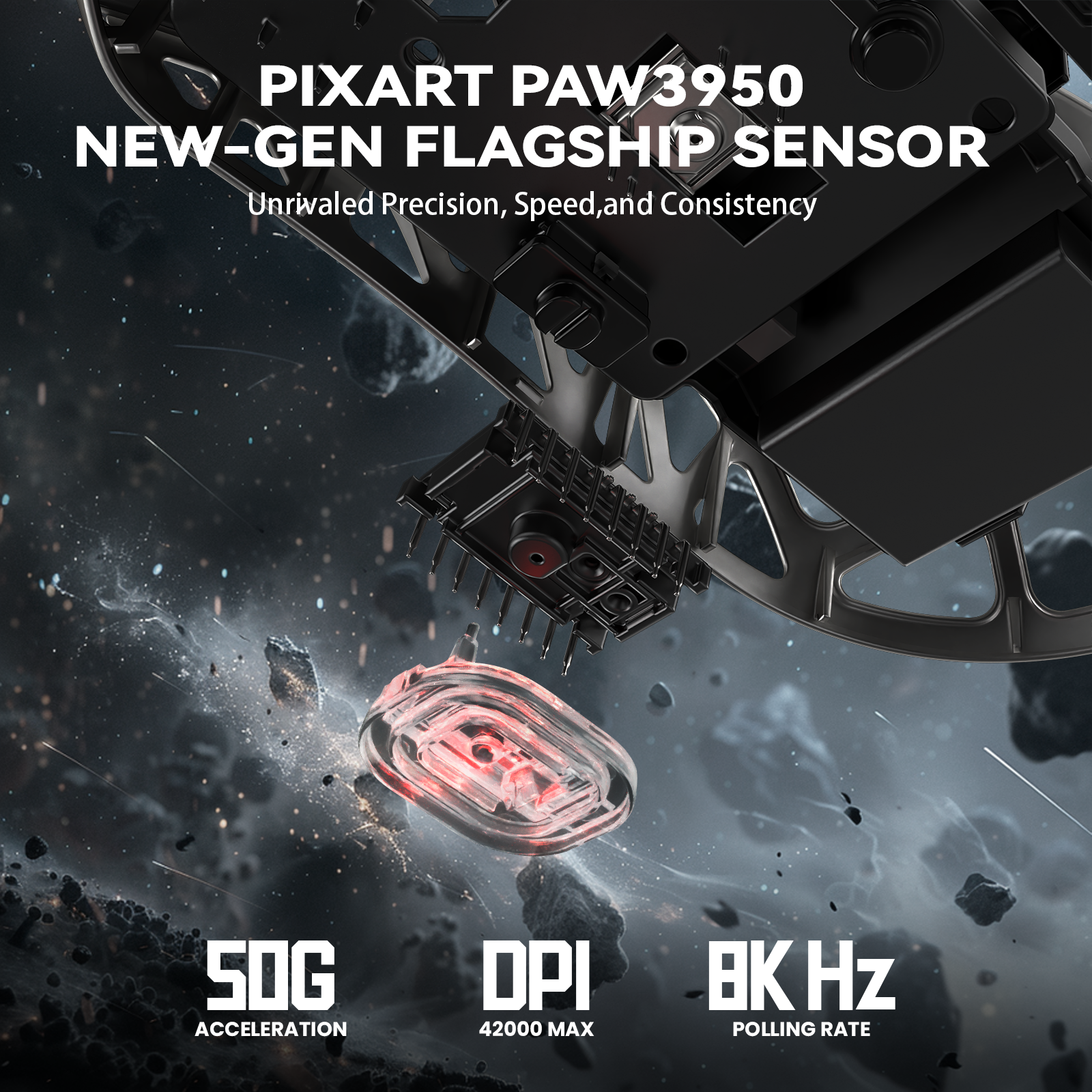 PixArt PAW3950 sensor with 50g acceleration, 42000 DPI, and 8K polling rate features