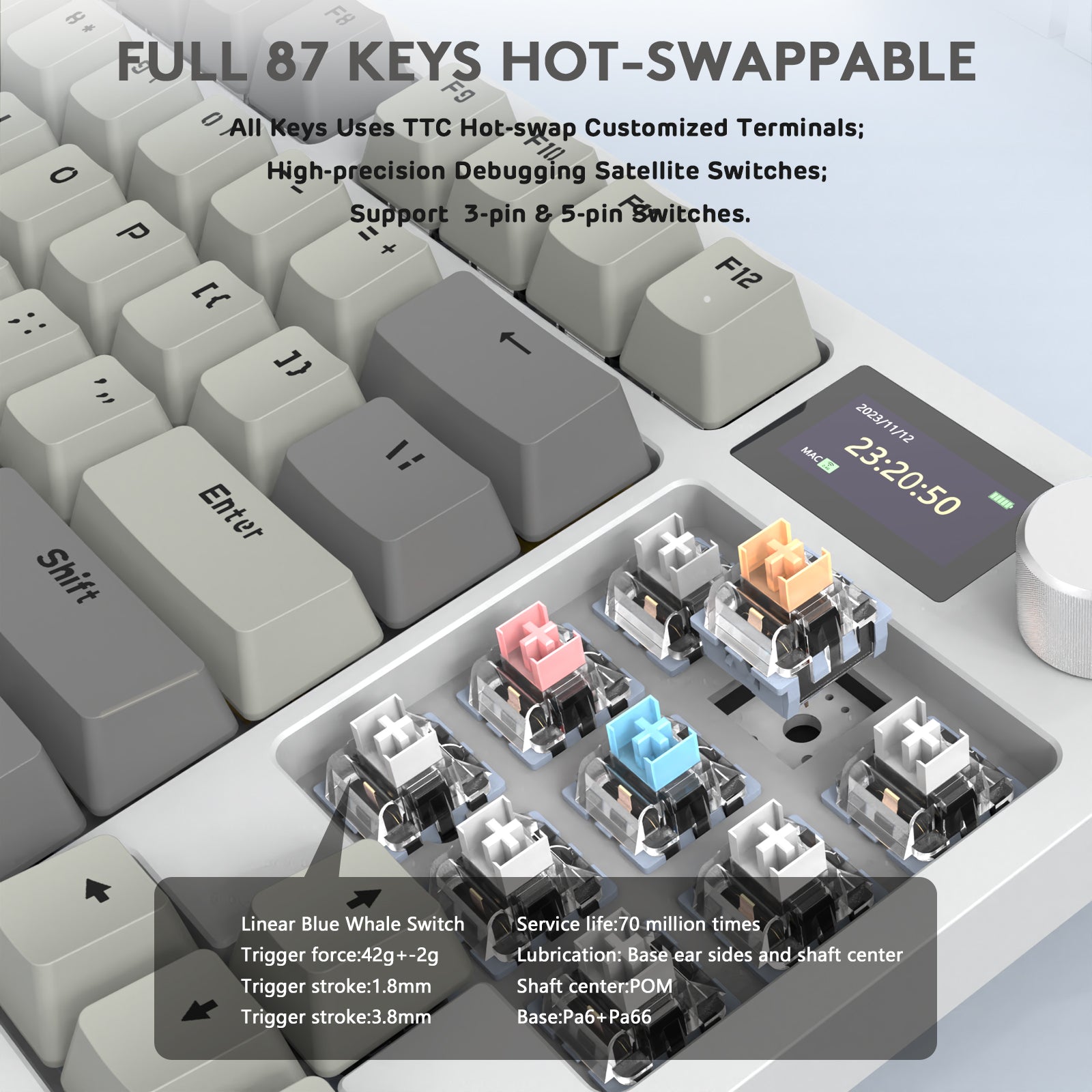 K86PRO keyboard showing TTC hot-swap key switches and 1.2-inch display with time.