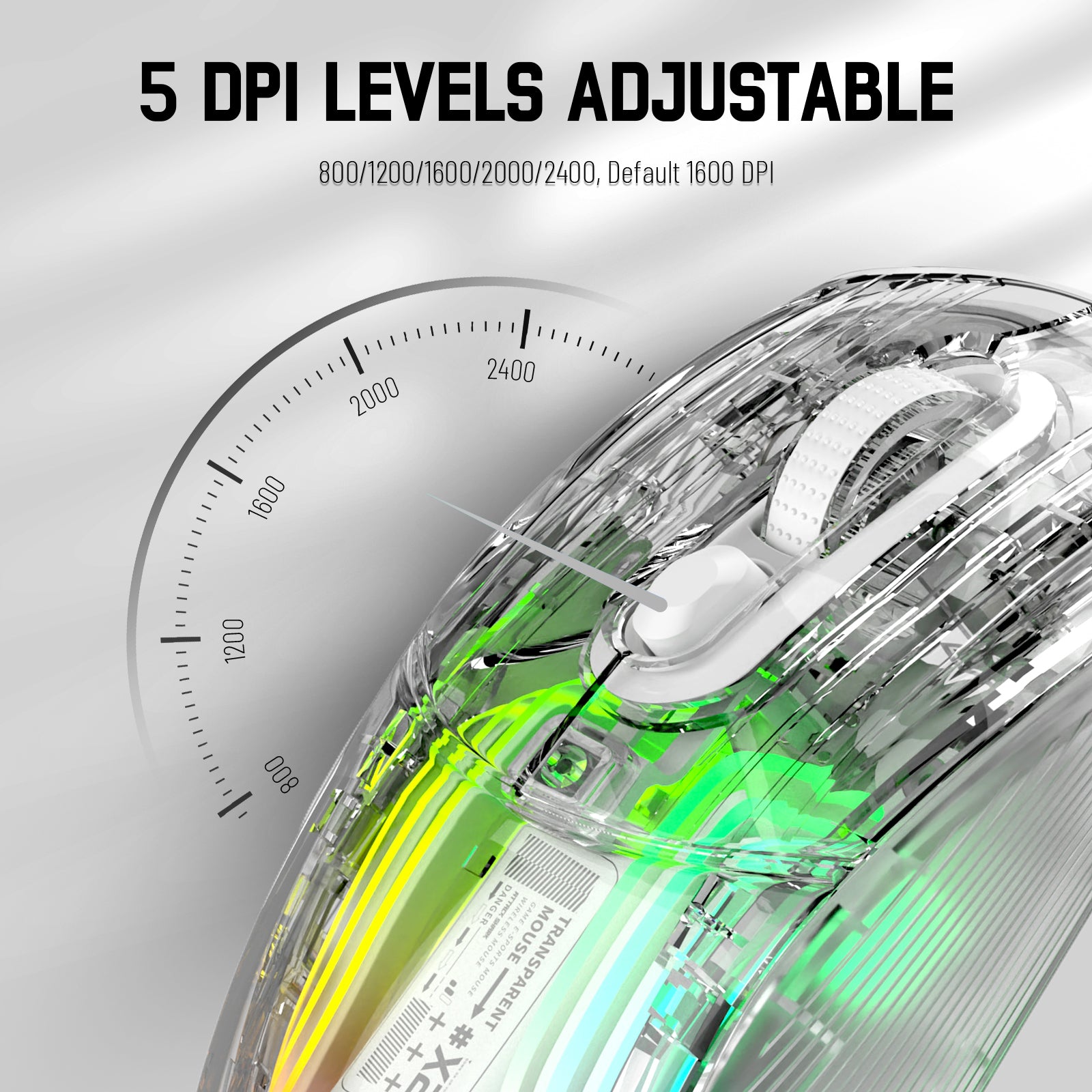 Adjustable DPI levels of Attack Shark X2 mouse featuring 800 to 2400 max DPI.