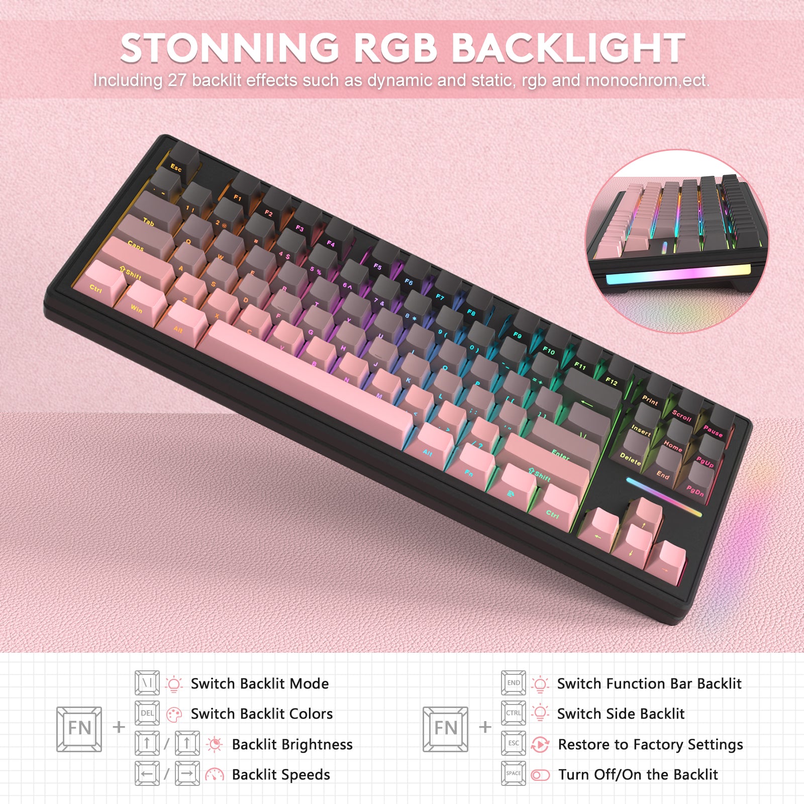 Attack Shark M87 keyboard displaying 27 RGB backlight effects with pastel gradient keycaps.