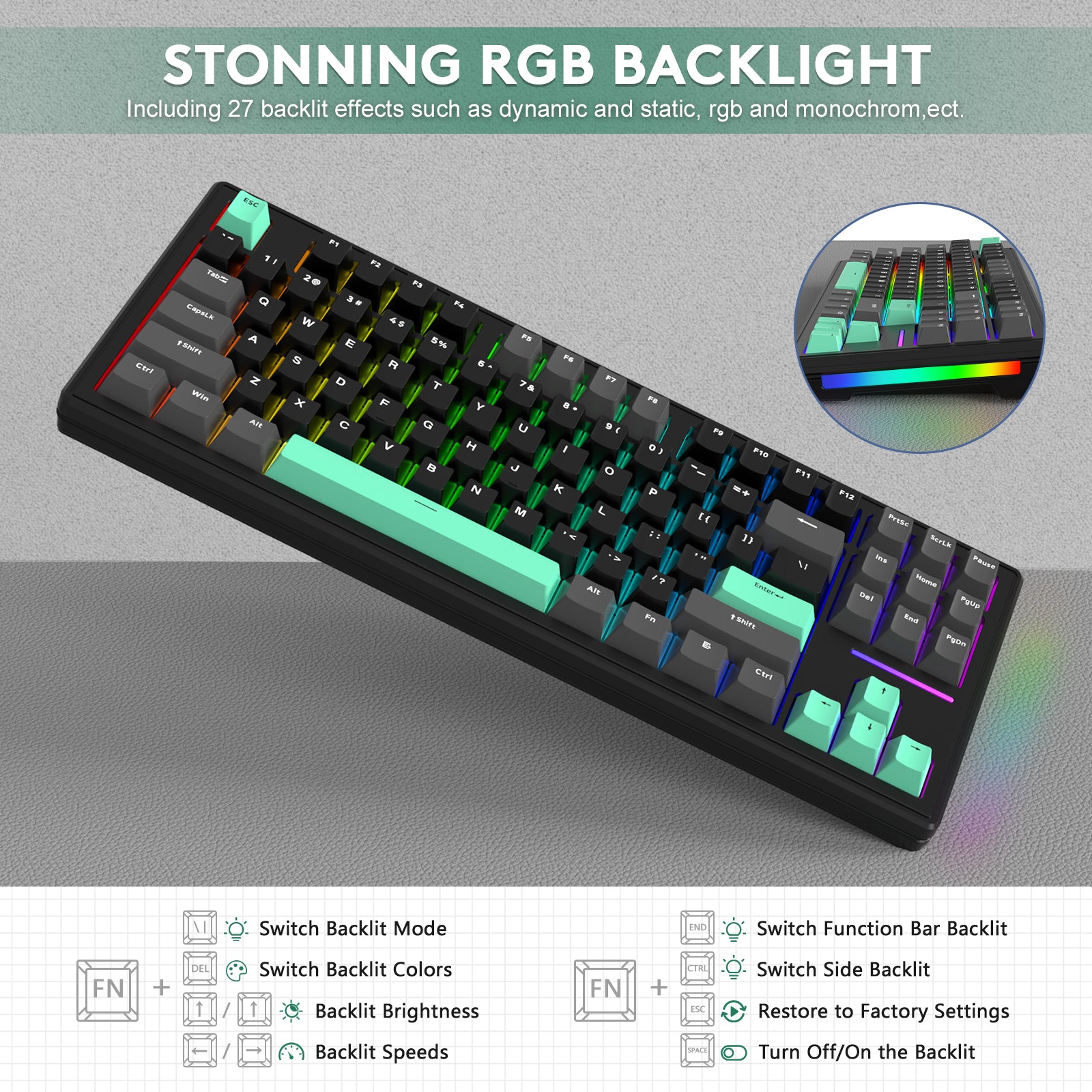 Attack Shark M87 keyboard displaying RGB backlight settings and gradient keycap design.