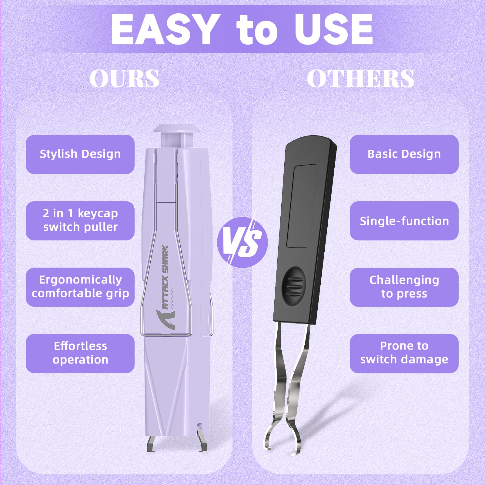 Comparison of Attack Shark ergonomic 2-in-1 keycap and switch puller vs standard tool.