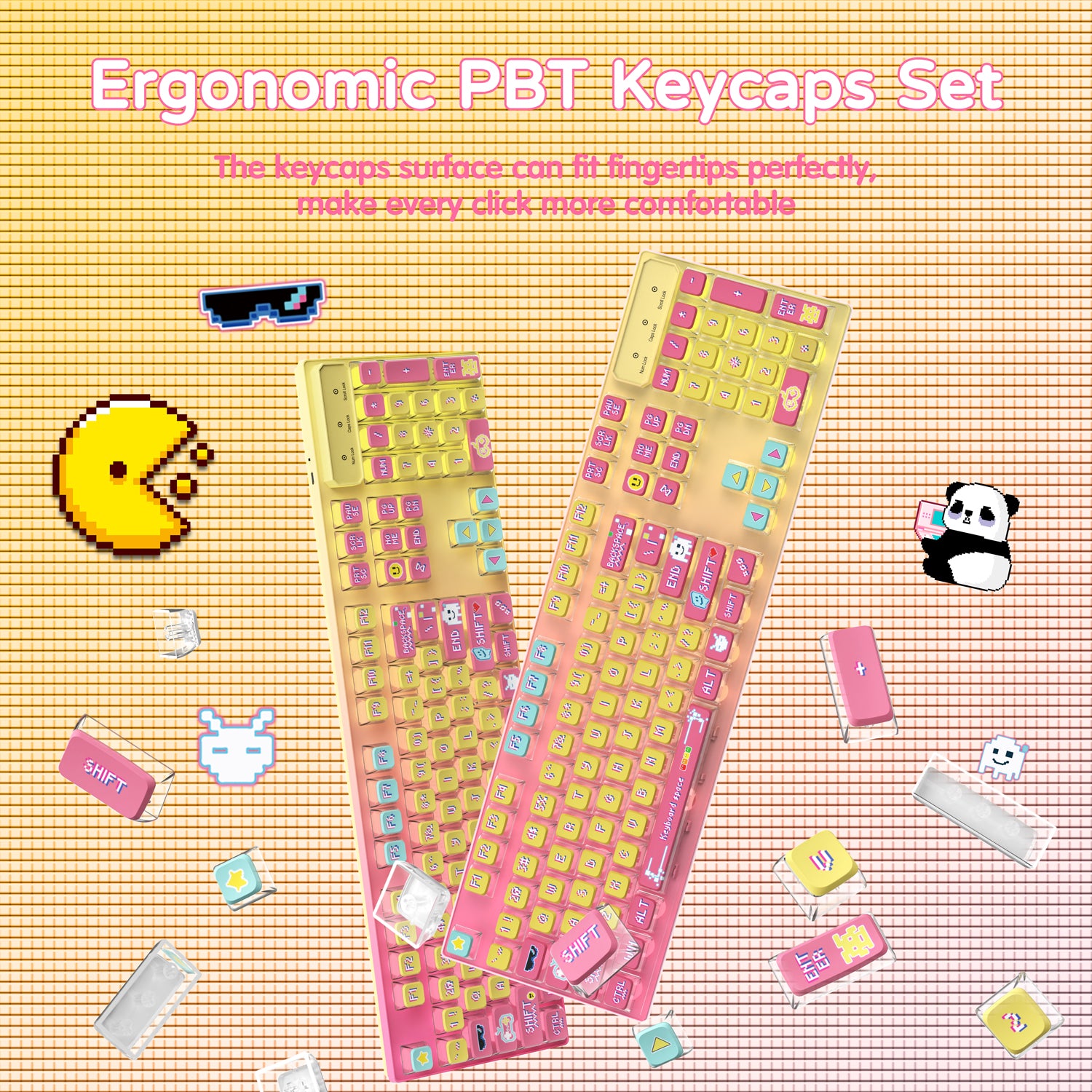 Ergonomic pink and yellow PBT keycaps set with playful designs for comfortable typing.