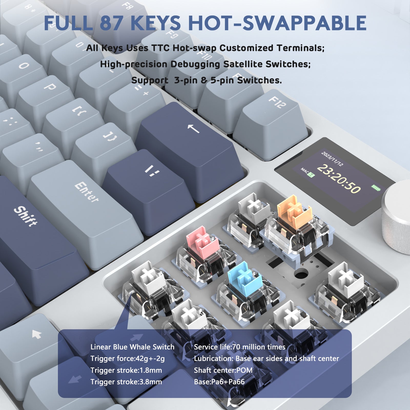 K86PRO keyboard hot-swappable key switches with custom TTC terminals and Blue Whale switches.