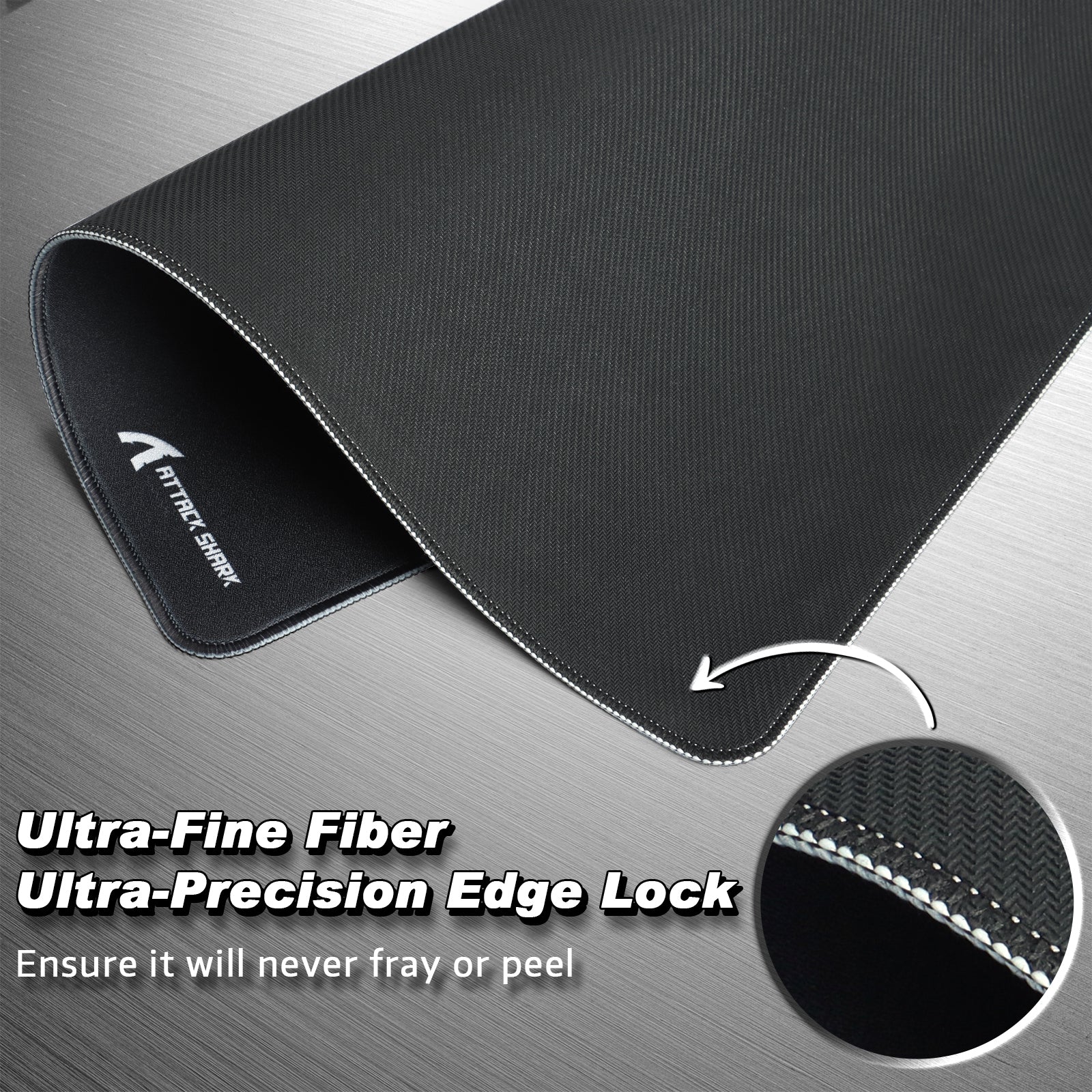 Black Attack Shark gaming mouse pad with ultra-fine fiber and stitched edges.