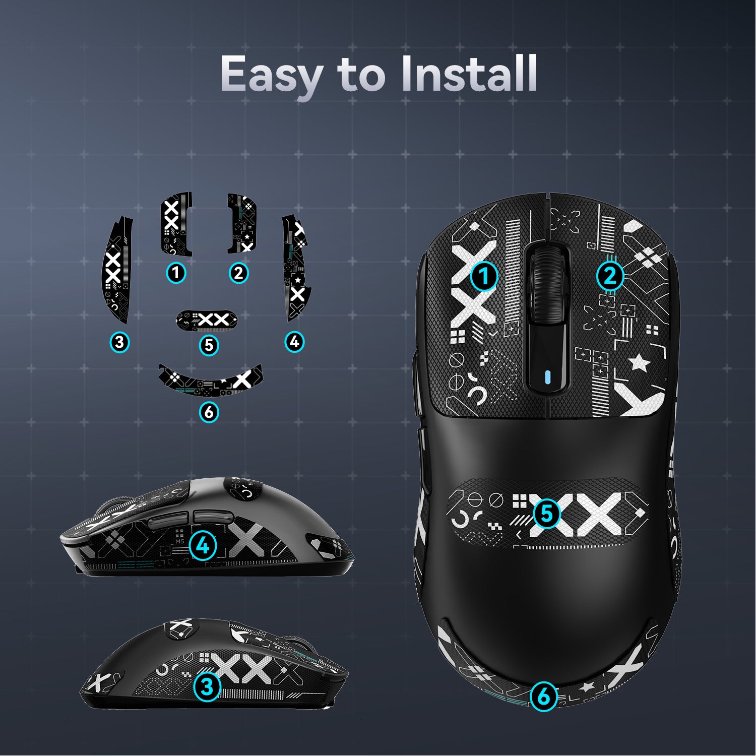 Installation guide with step-by-step instructions for X3/X3pro grip tape on gaming mouse.