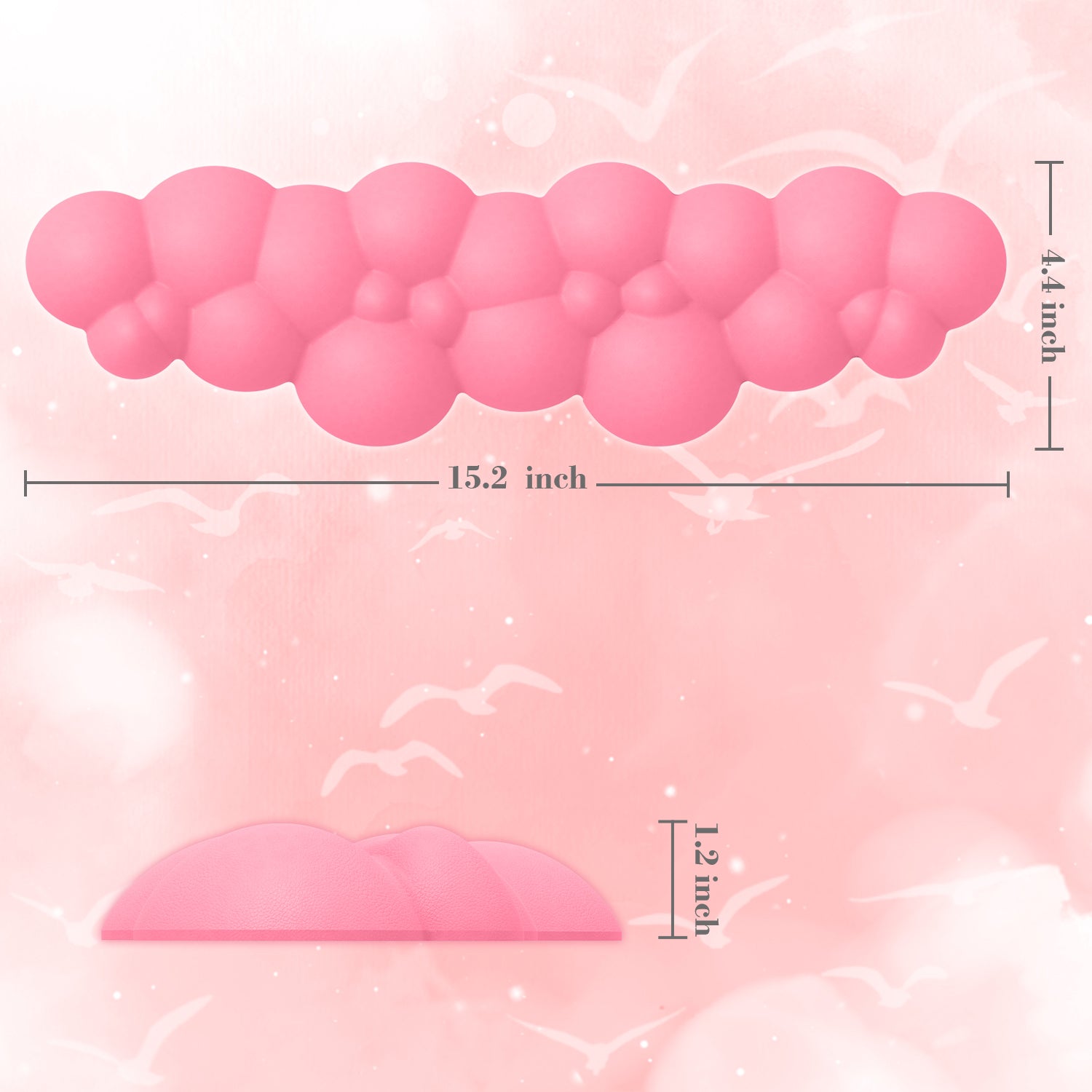 Dimensions of pink cloud-shaped ergonomic wrist rest 15.2x4.4x1.2 inches.