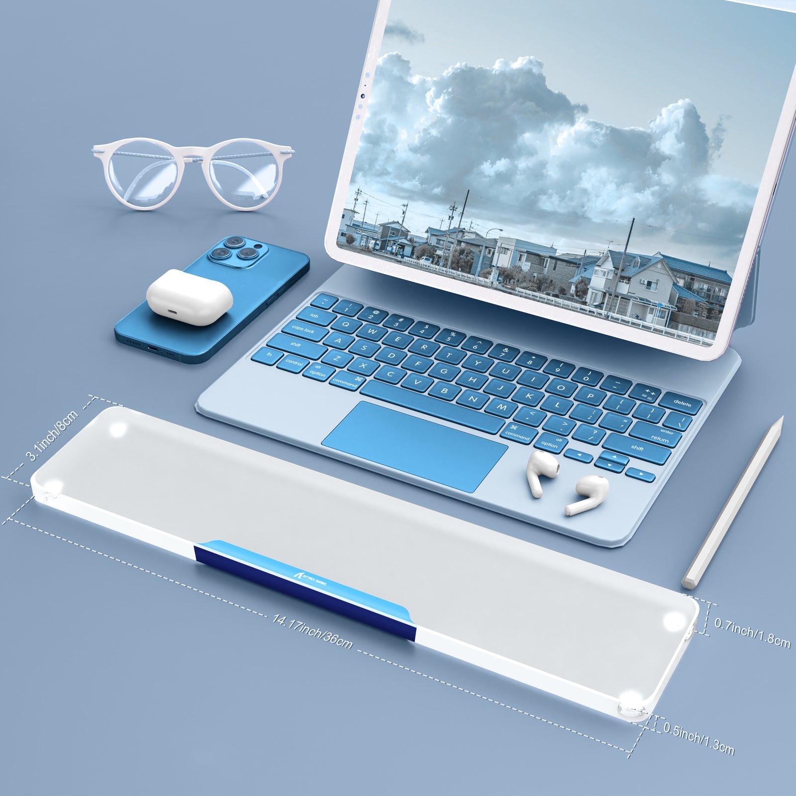 Translucent acrylic wrist rest on stylish workspace with laptop and accessories