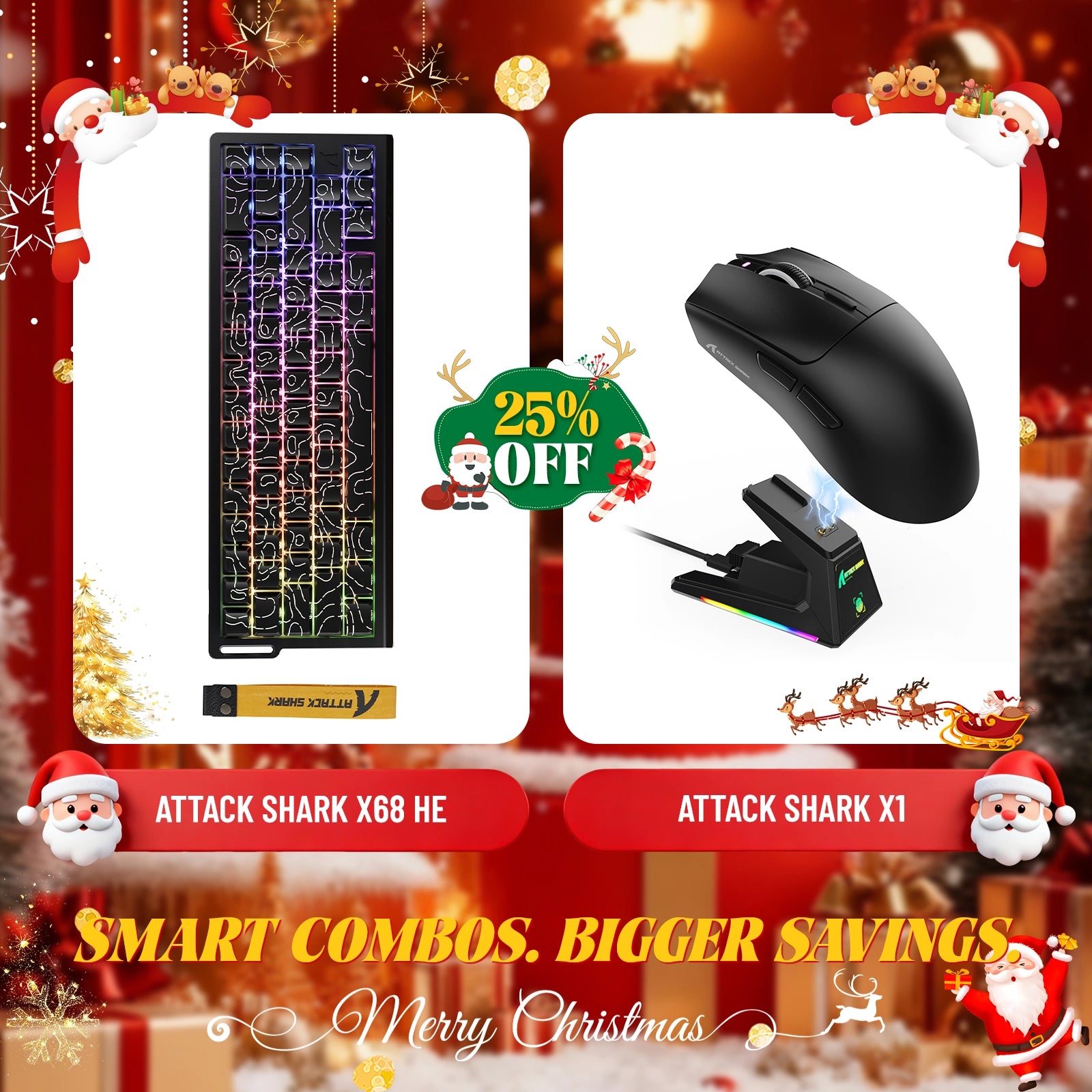 Paquete de teclado de disparo rápido ATTACK SHARK X68HE + ratón inalámbrico para juegos X1