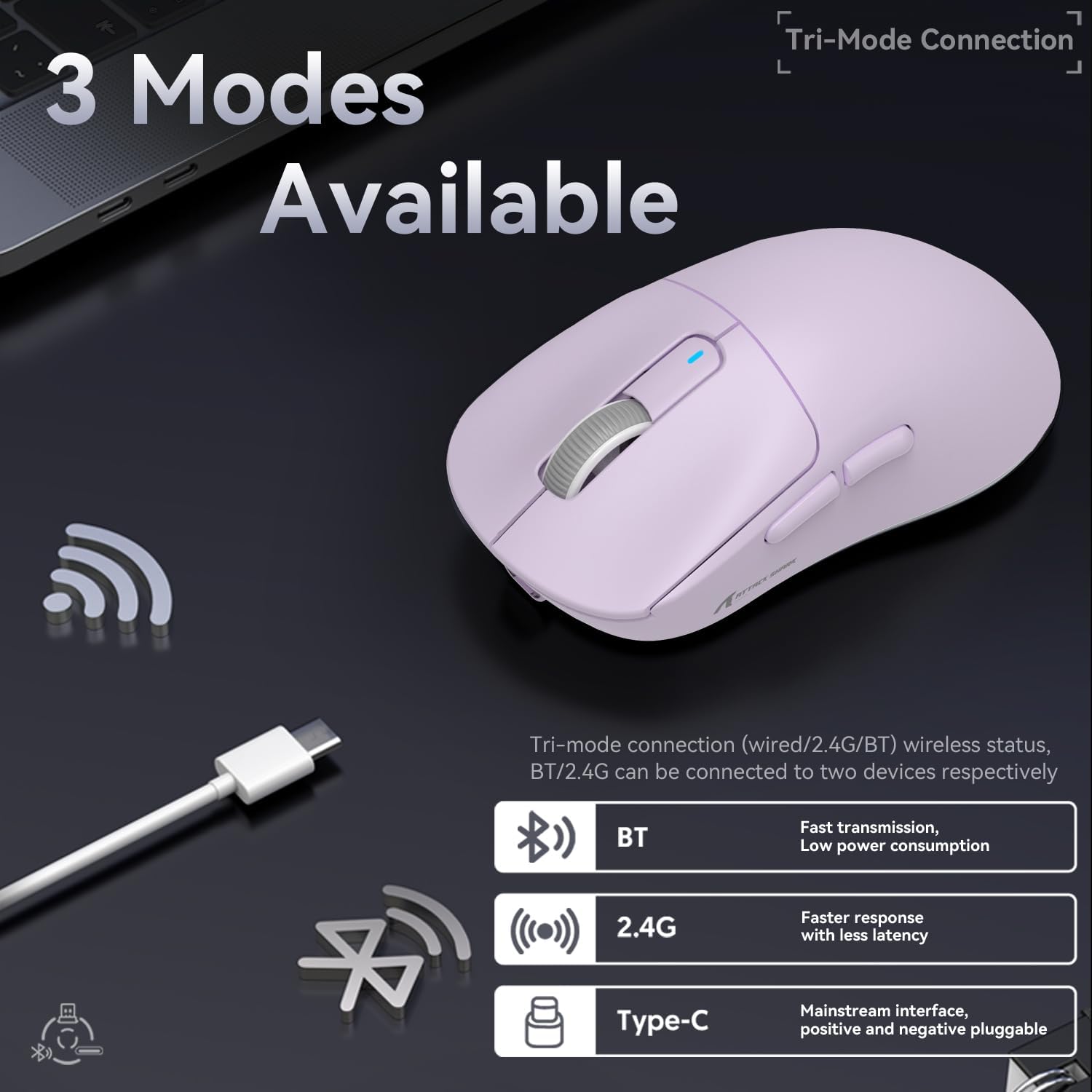 Attack Shark X3 lavender wired and wireless gaming mouse with tri-mode connectivity options.