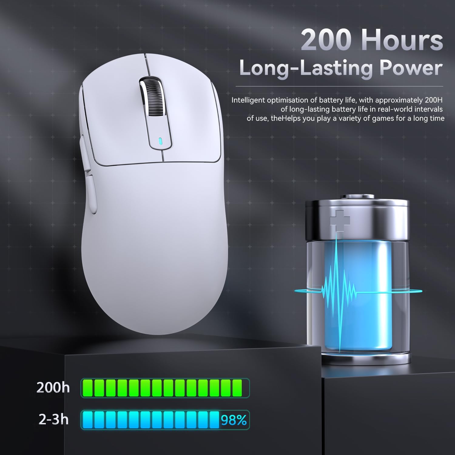 200 hours battery life for Attack Shark X3 wireless gaming mouse with indicator graphics