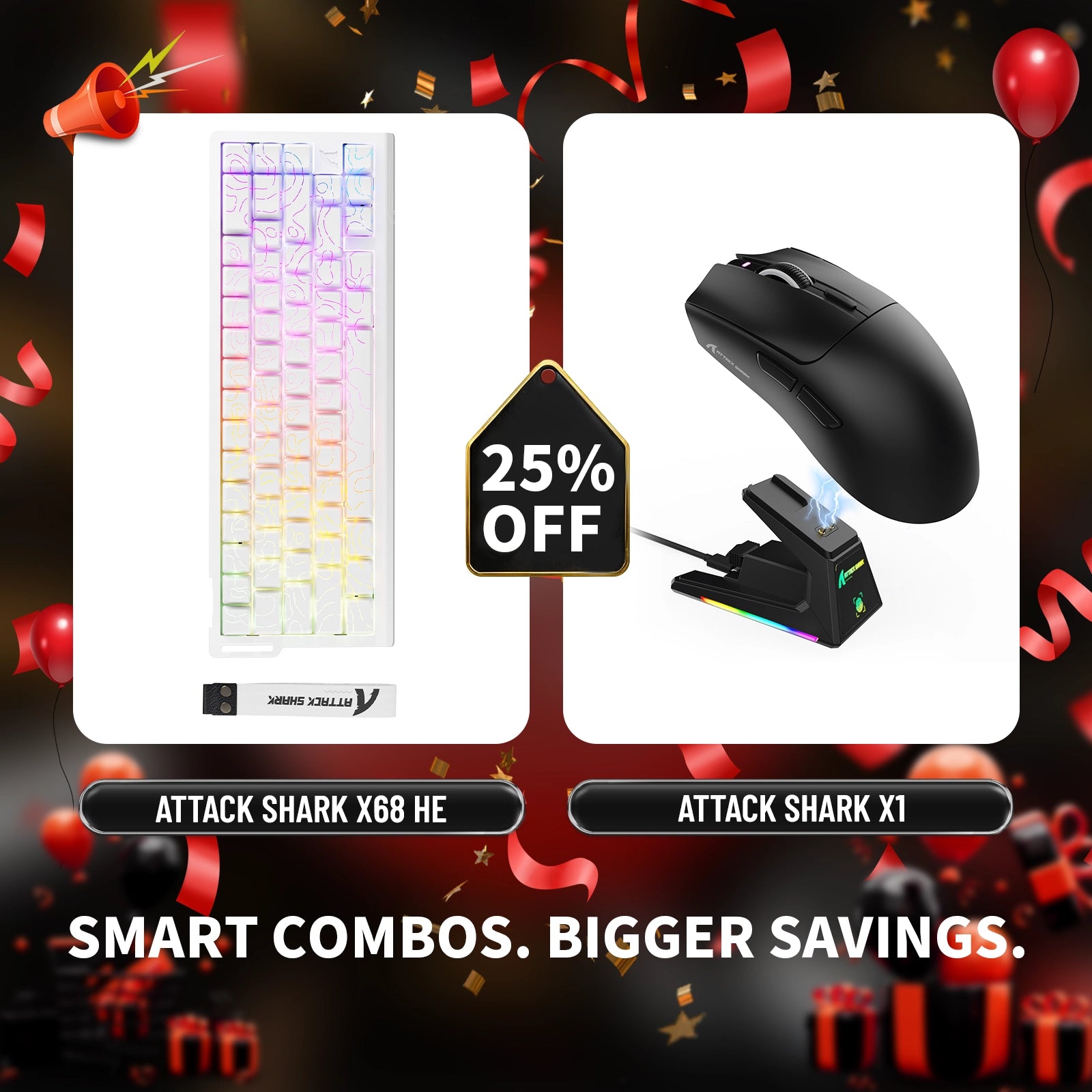 Paquete de teclado de disparo rápido ATTACK SHARK X68HE + ratón inalámbrico para juegos X1