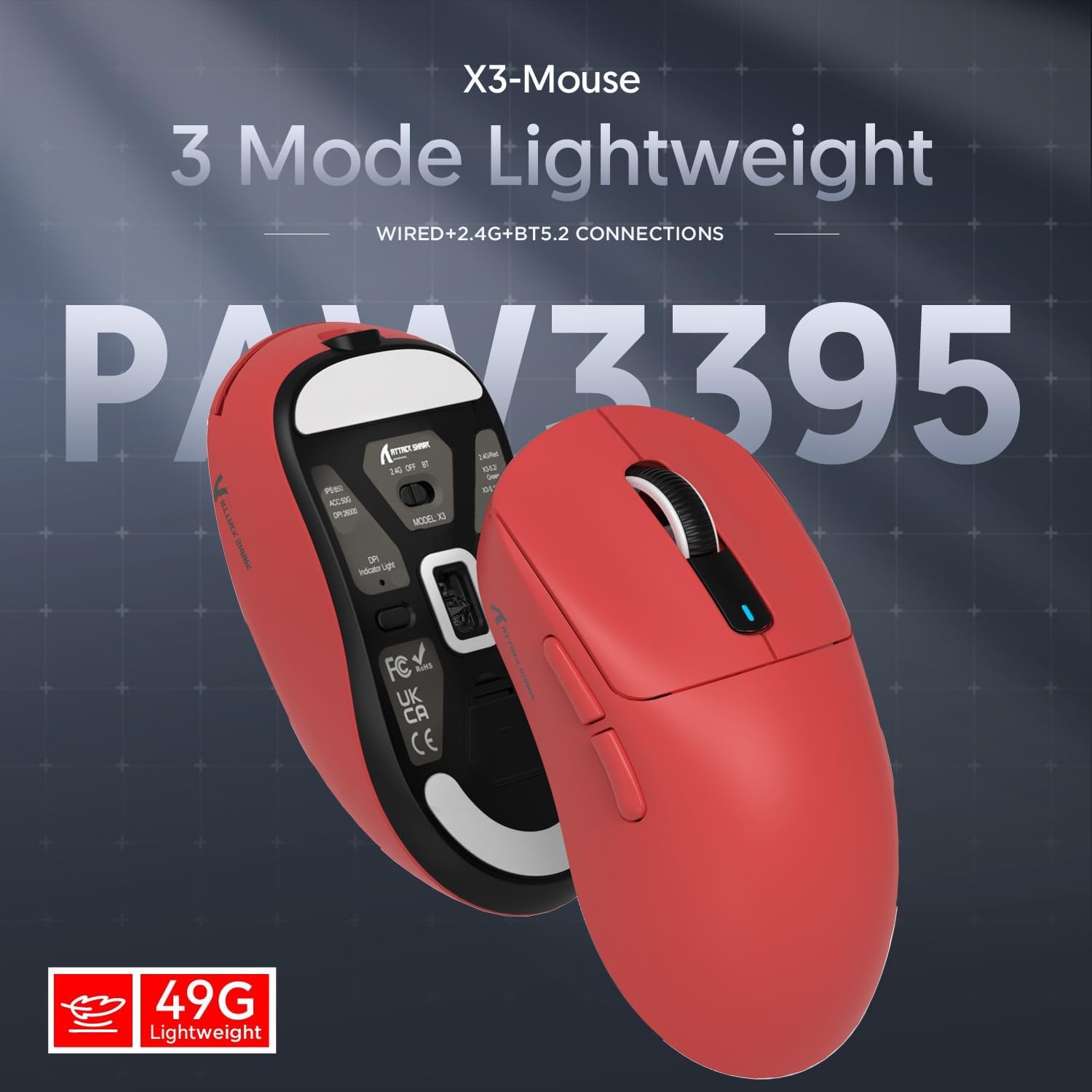 Red Attack Shark X3 lightweight gaming mouse with PAW3395 sensor and tri-mode connectivity.