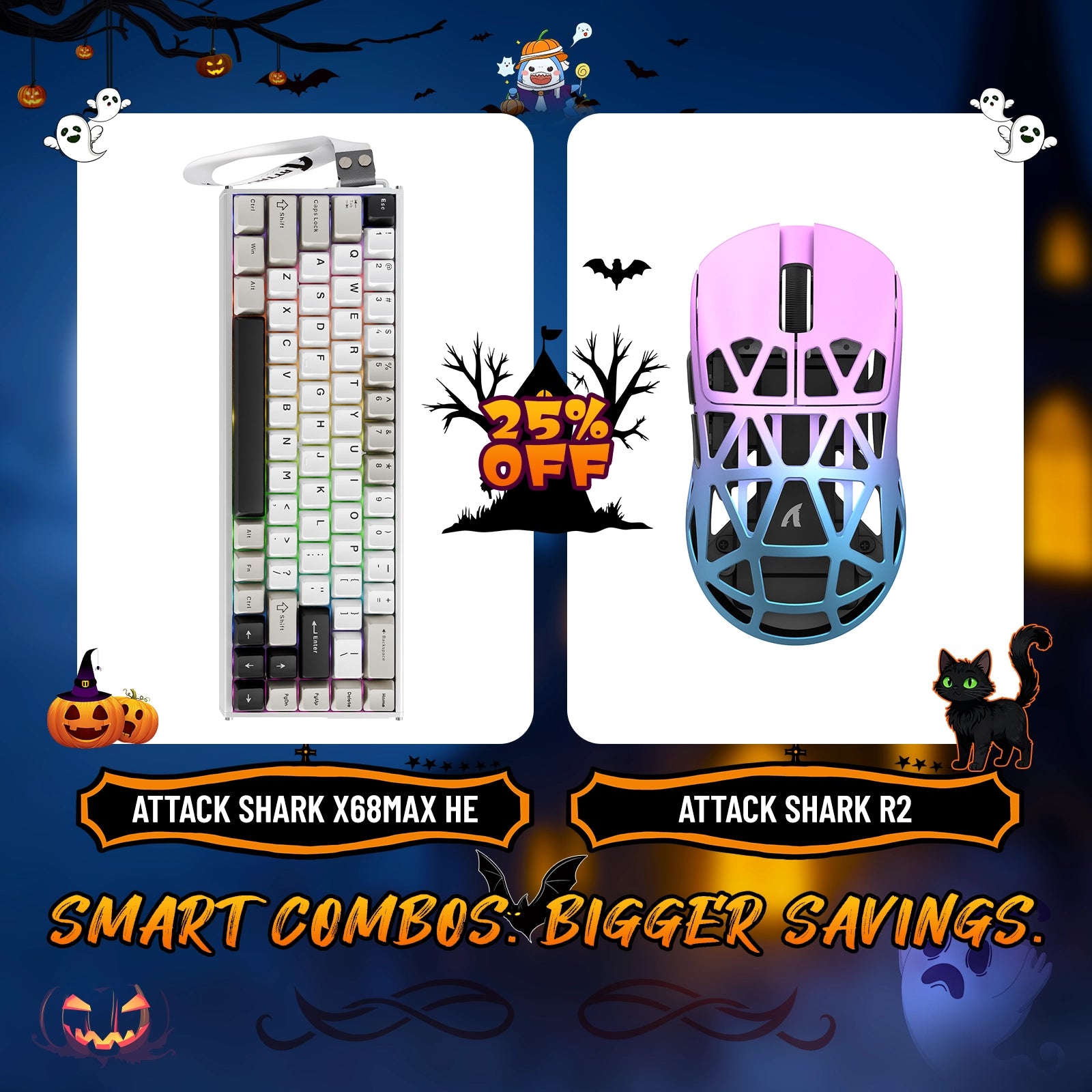 Paquete de teclado de aluminio ATTACK SHARK X68MAX HE con gatillo rápido y ratón inalámbrico para juegos R2 de aleación de magnesio