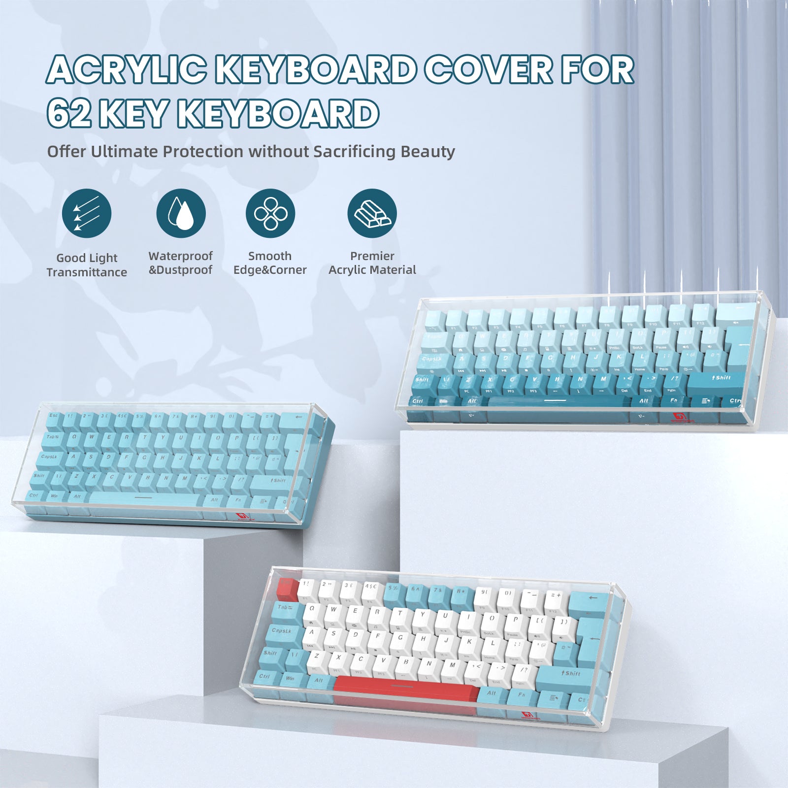 Acrylic keyboard cover for 62-key keyboard in blue and white design showcasing protection features.