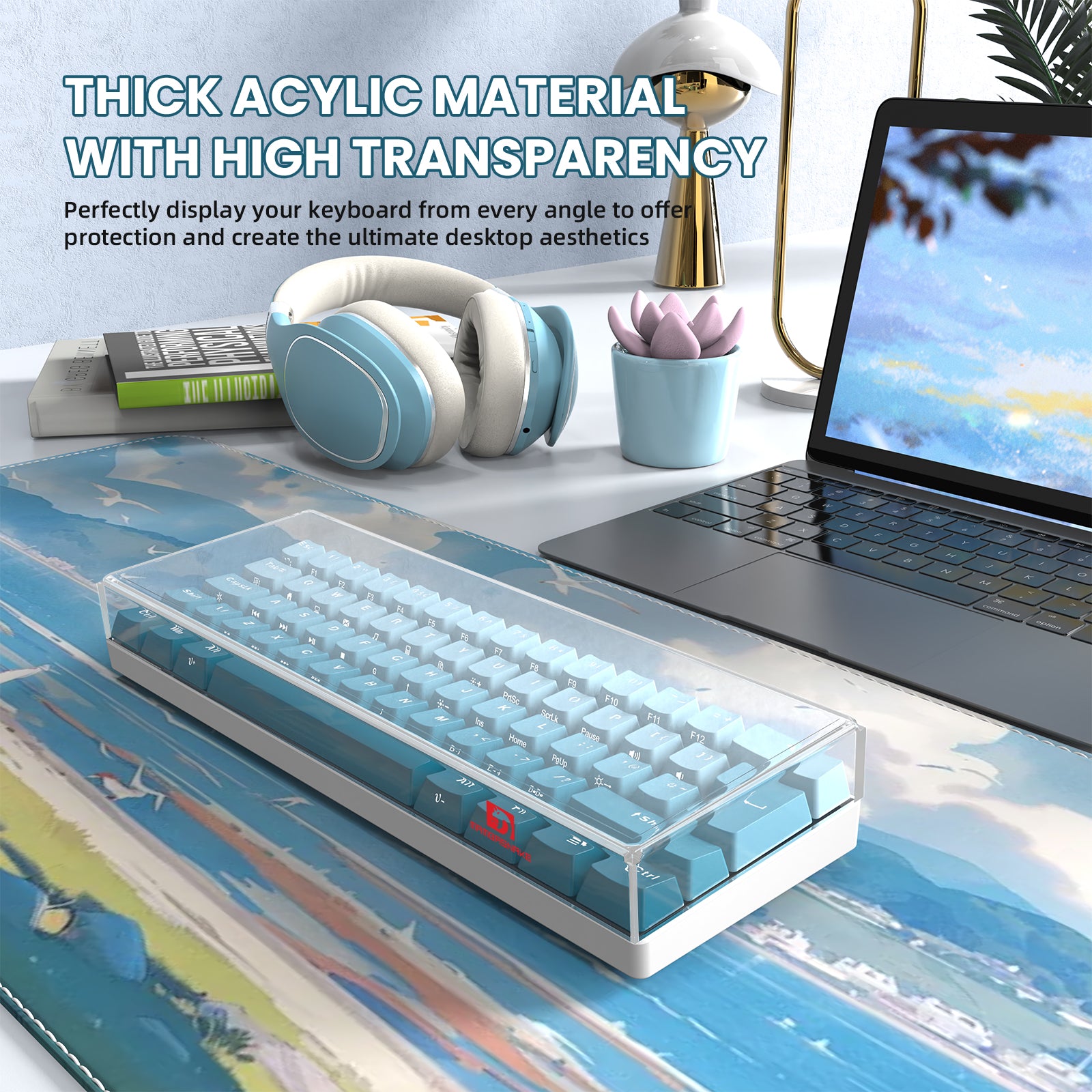 Thick acrylic keyboard cover for 68-key design with high transparency on a desk setup.