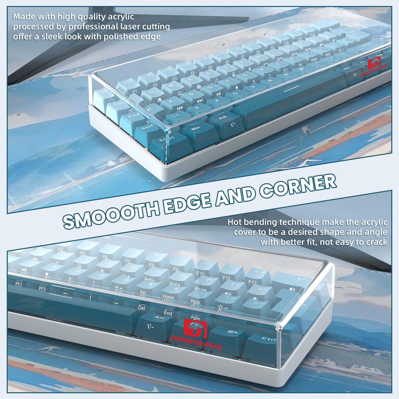 Blue gradient acrylic keyboard cover for 68-key keyboard with smooth edges.