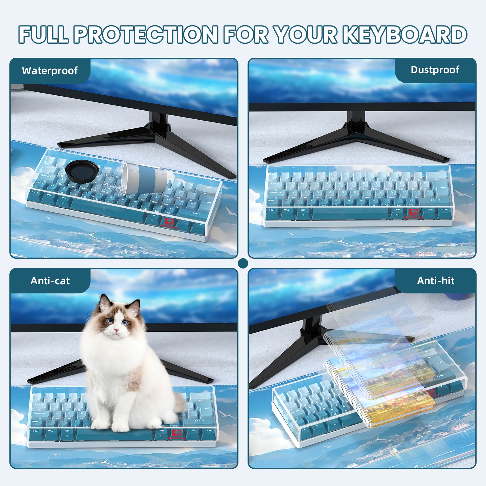 Acrylic keyboard cover features: waterproof, dustproof, anti-cat, anti-hit with a cat.