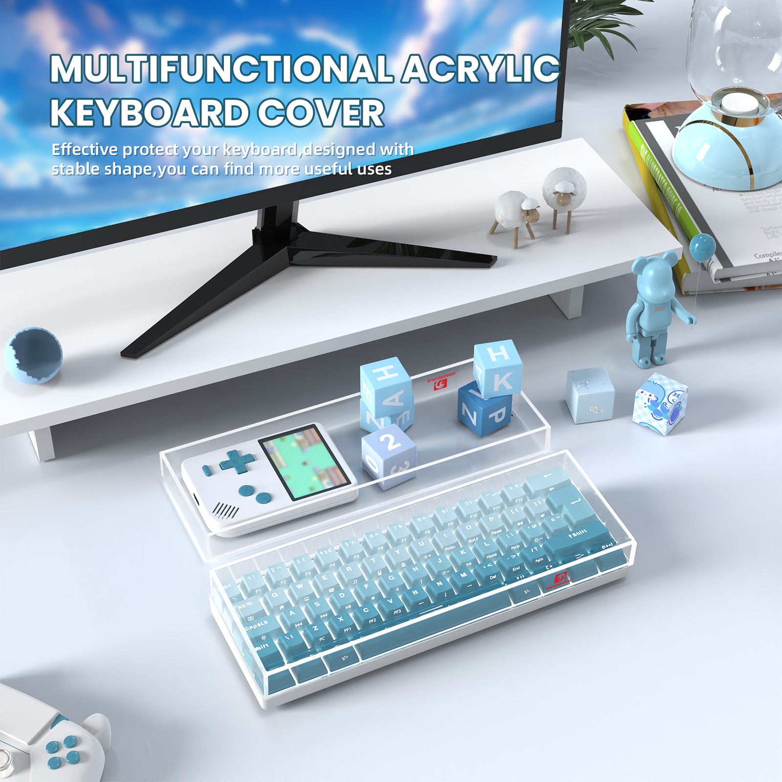 Clear acrylic keyboard cover for 68-key layout on stylish desk with gaming accessories