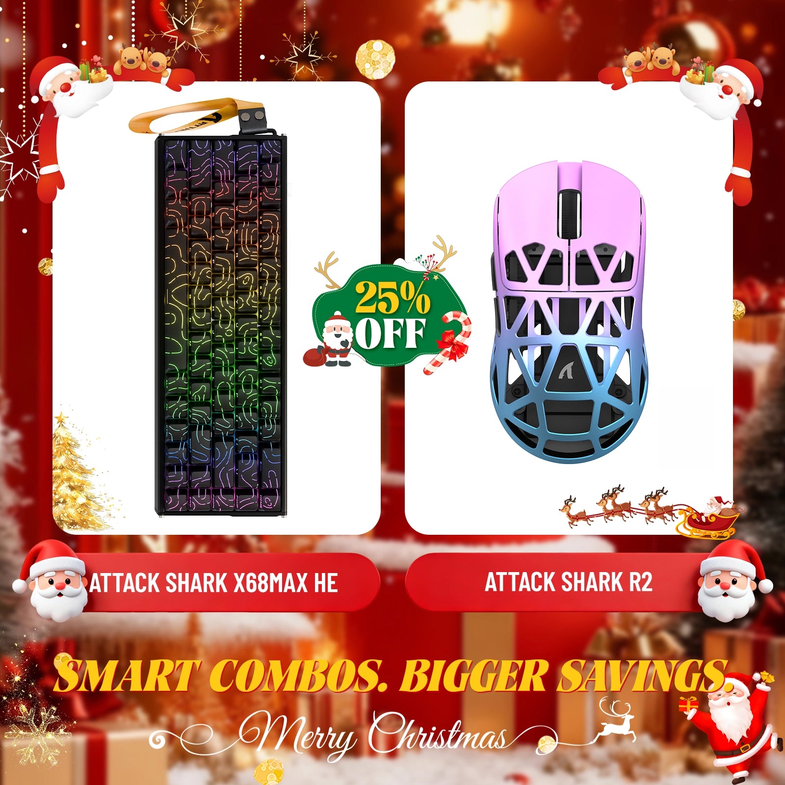 Paquete de teclado de aluminio ATTACK SHARK X68MAX HE con gatillo rápido y ratón inalámbrico para juegos R2 de aleación de magnesio