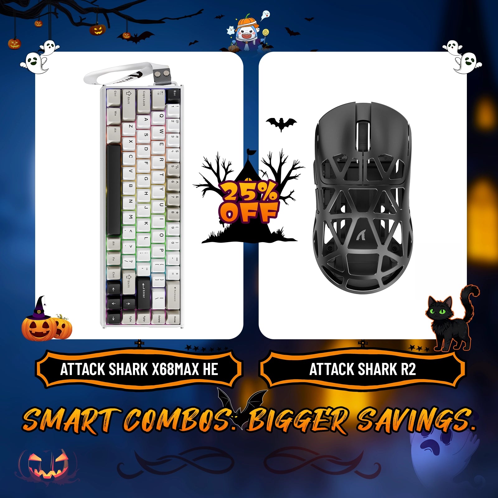 Paquete de teclado de aluminio ATTACK SHARK X68MAX HE con gatillo rápido y ratón inalámbrico para juegos R2 de aleación de magnesio