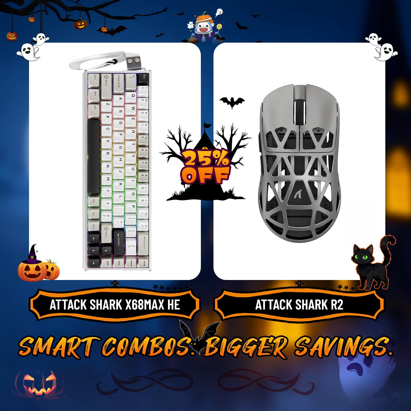 Paquete de teclado de aluminio ATTACK SHARK X68MAX HE con gatillo rápido y ratón inalámbrico para juegos R2 de aleación de magnesio