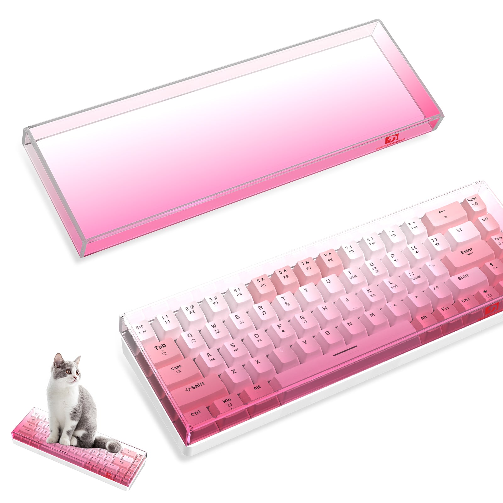 Pink gradient acrylic keyboard cover for 68-key keyboard, with cat beside