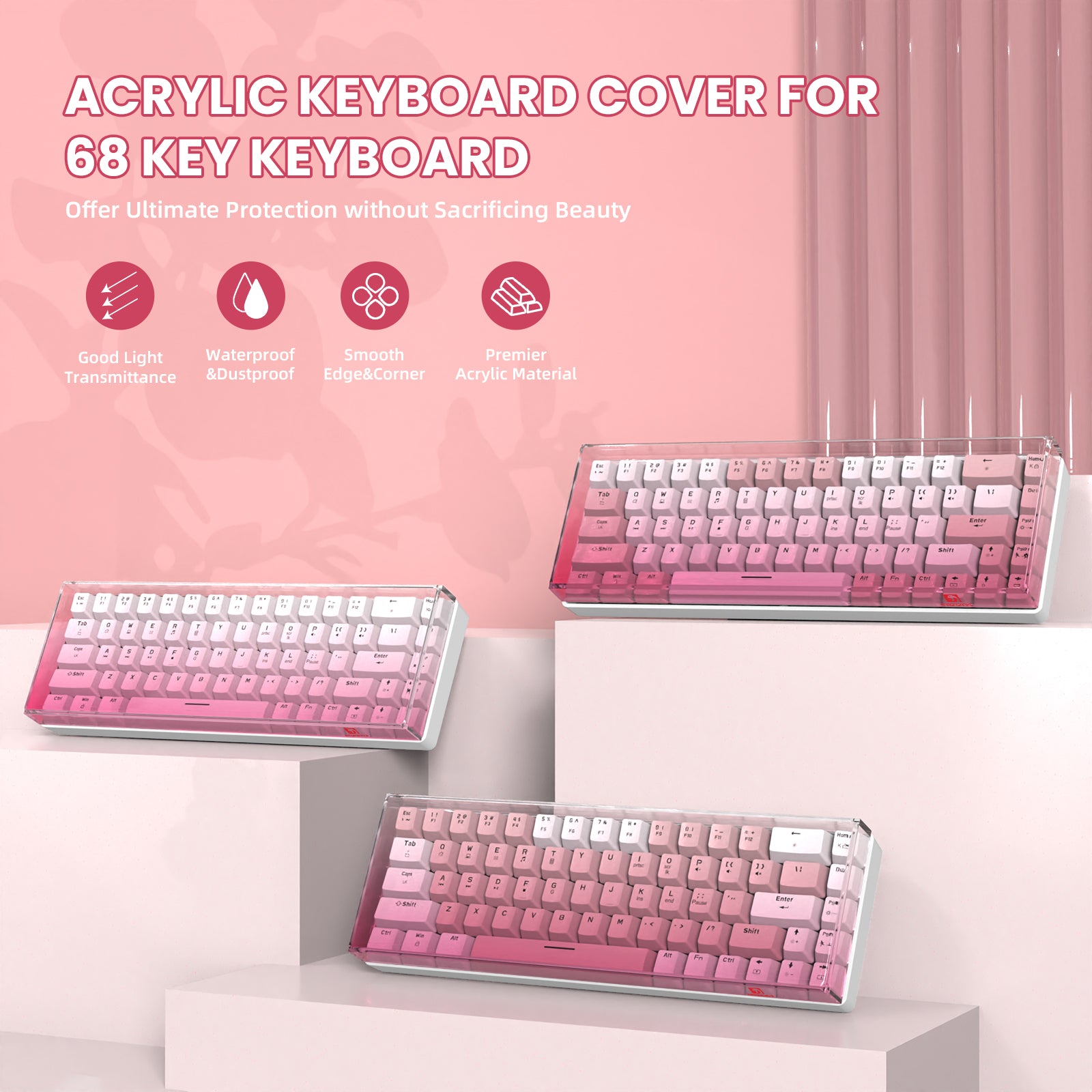 Pink gradient acrylic keyboard cover for 68-key keyboard showcasing light transmittance.