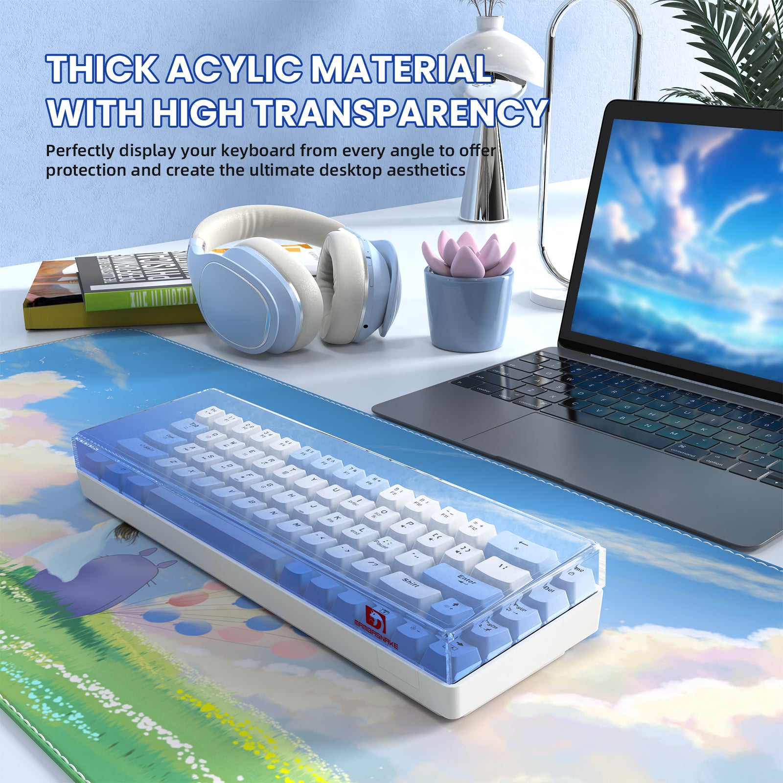 Acrylic keyboard cover for 68-key keyboard in blue gradient on a desk setup