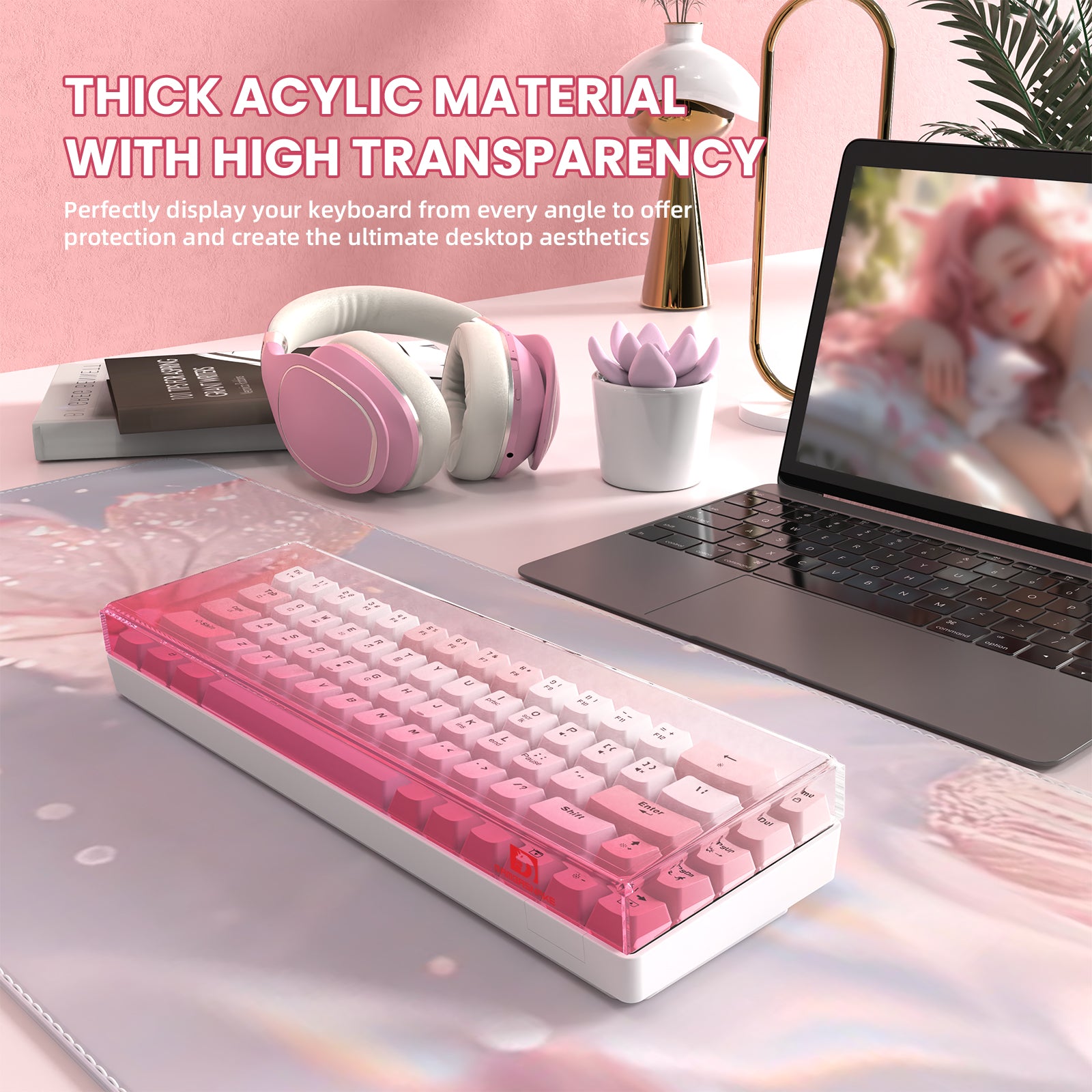 Pink gradient acrylic keyboard cover for 68-key keyboard, showcasing high transparency.