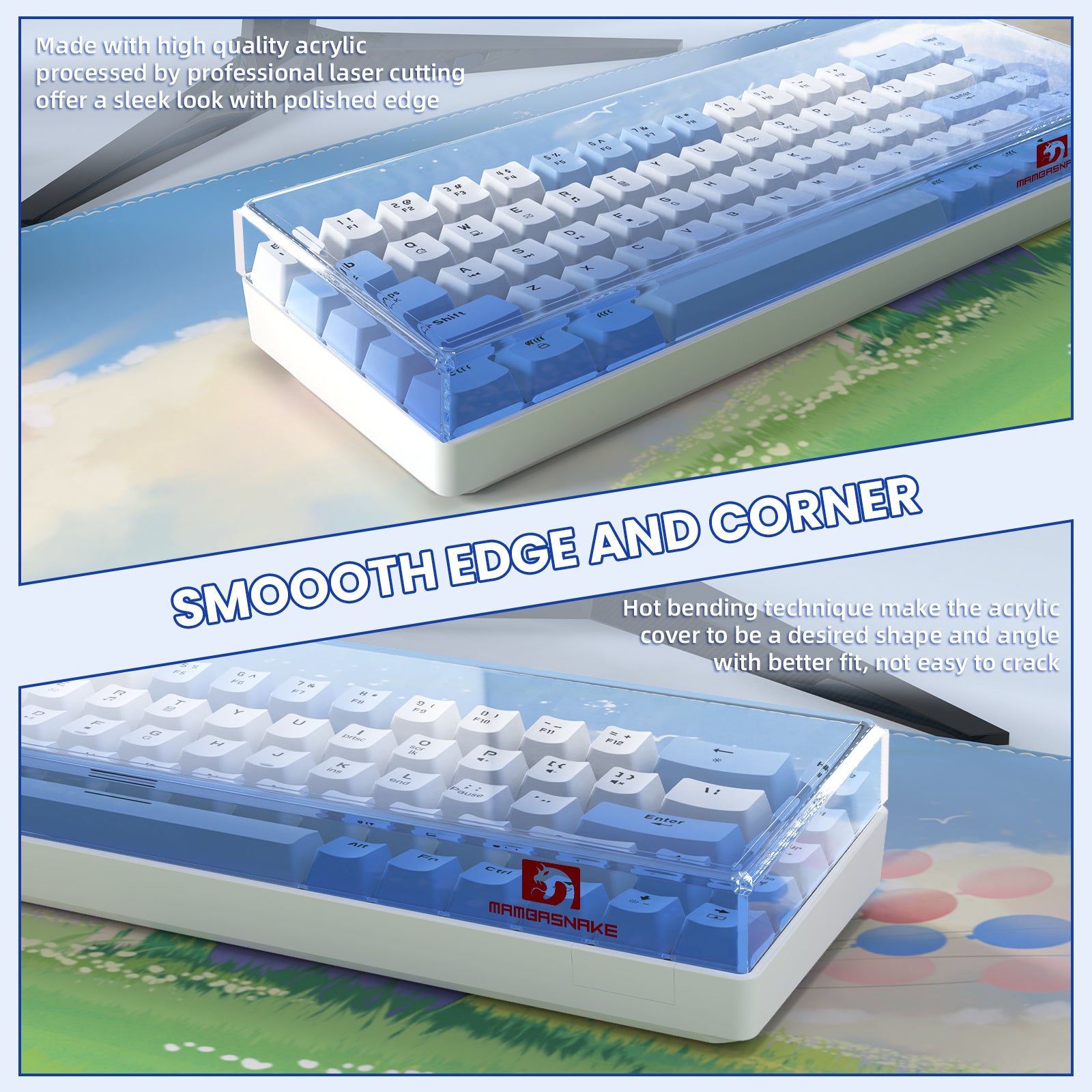 Blue gradient acrylic keyboard cover with smooth edges, designed for 68-key keyboards