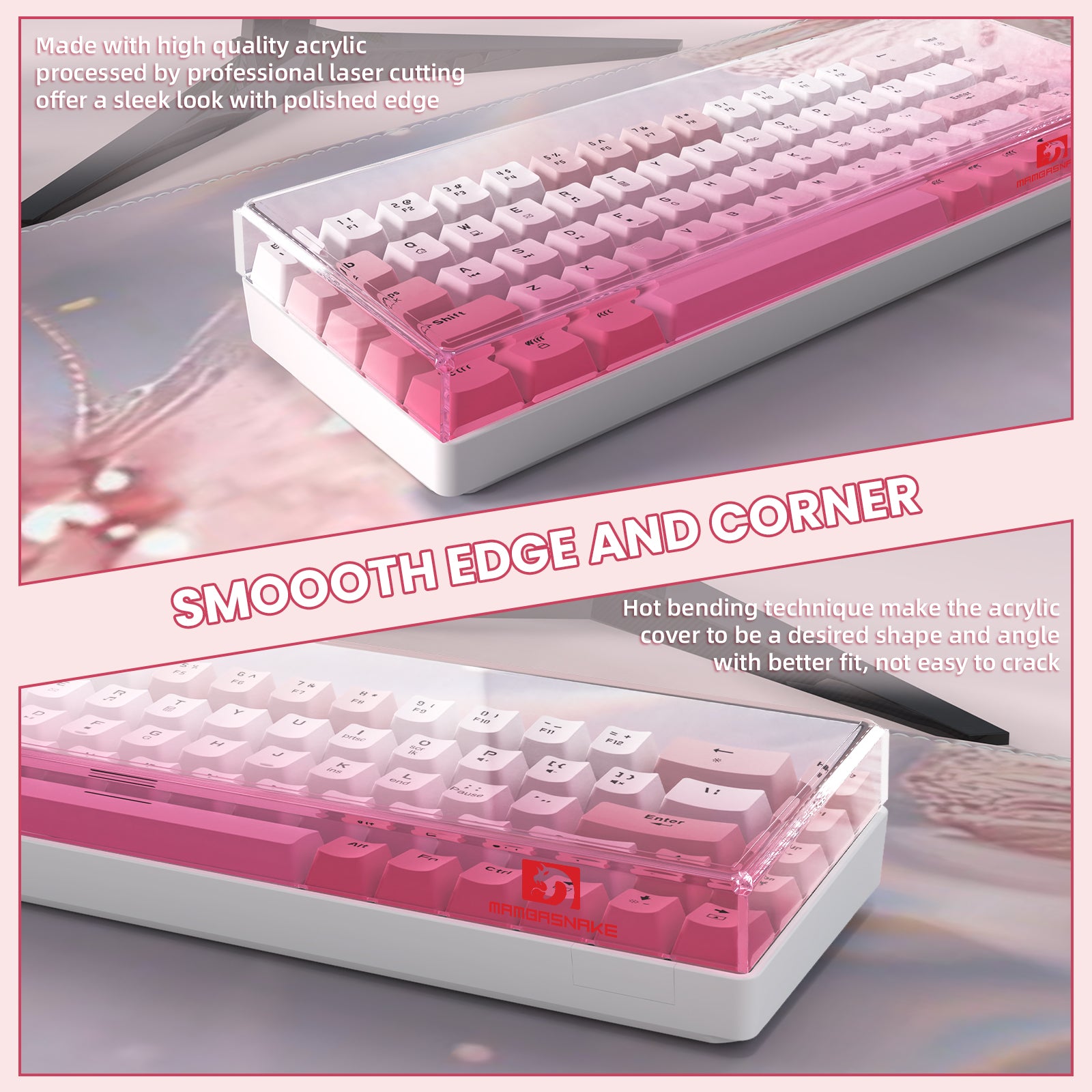 Pink gradient acrylic keyboard cover for 68-key with smooth edges and polished finish.