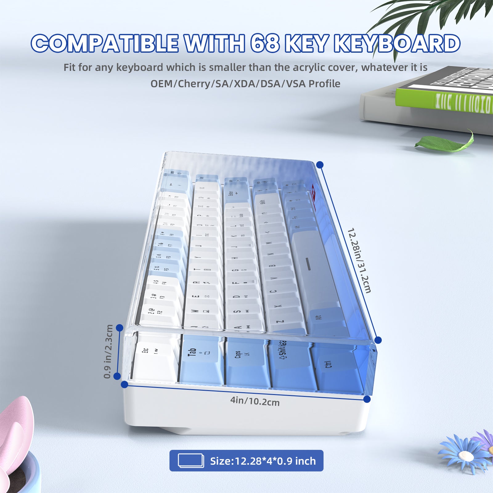 Blue gradient acrylic cover for 68-key keyboard, highlighting compatibility and size