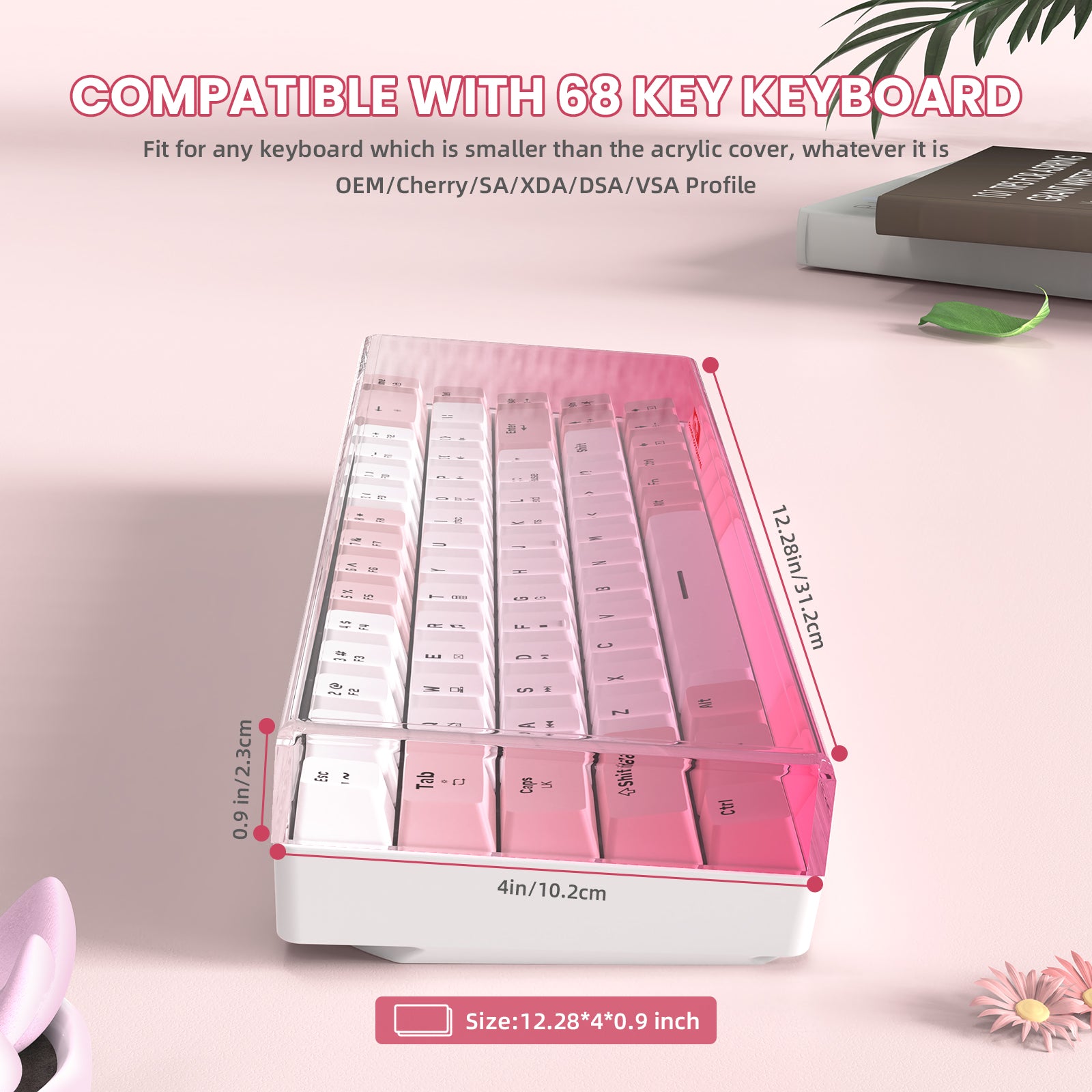 Pink gradient acrylic cover for 68-key keyboard with compatibility details on desk