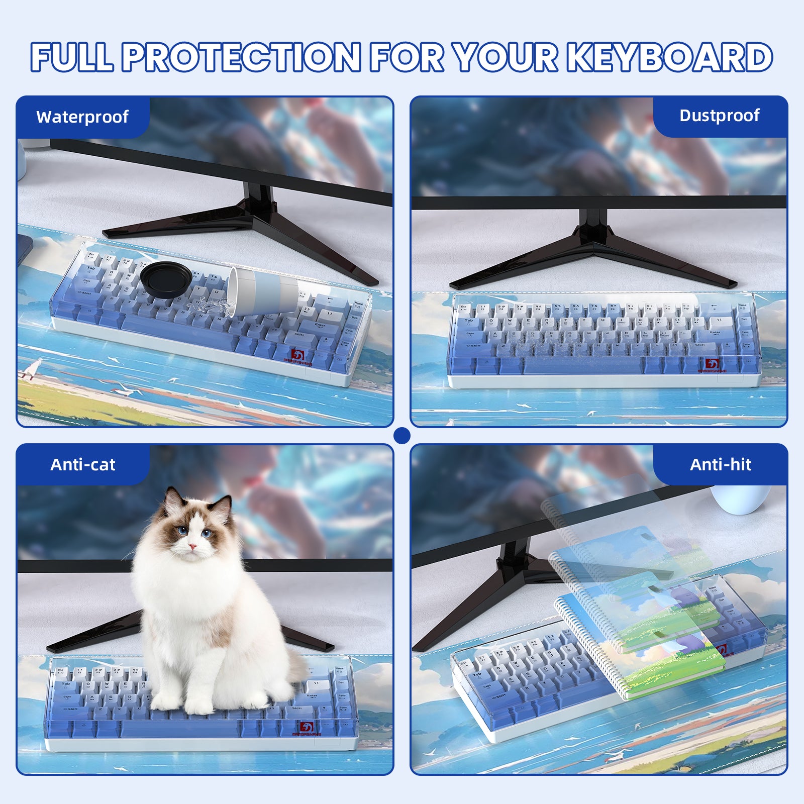 Keyboard cover features: waterproof, dustproof, anti-cat, and anti-hit with images.