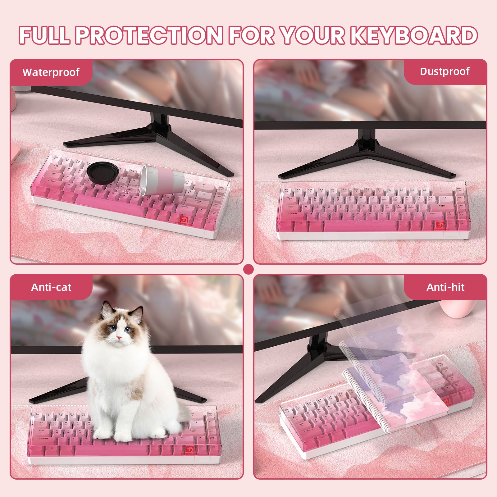 Keyboard cover showing waterproof, dustproof, anti-cat, and anti-hit features with visuals.