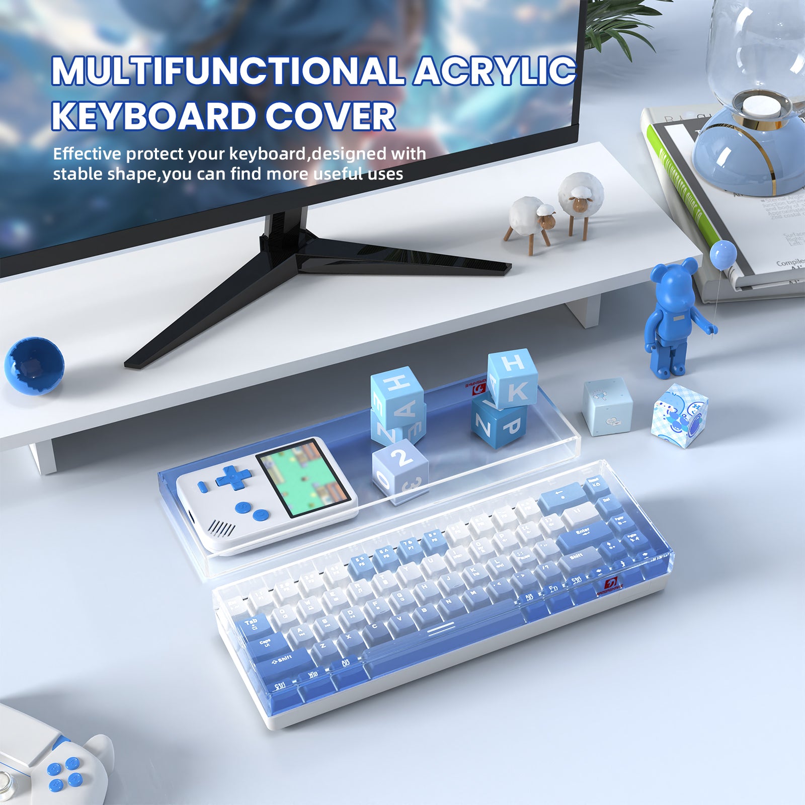 Multifunctional acrylic keyboard cover in blue gradient for 68-key keyboards