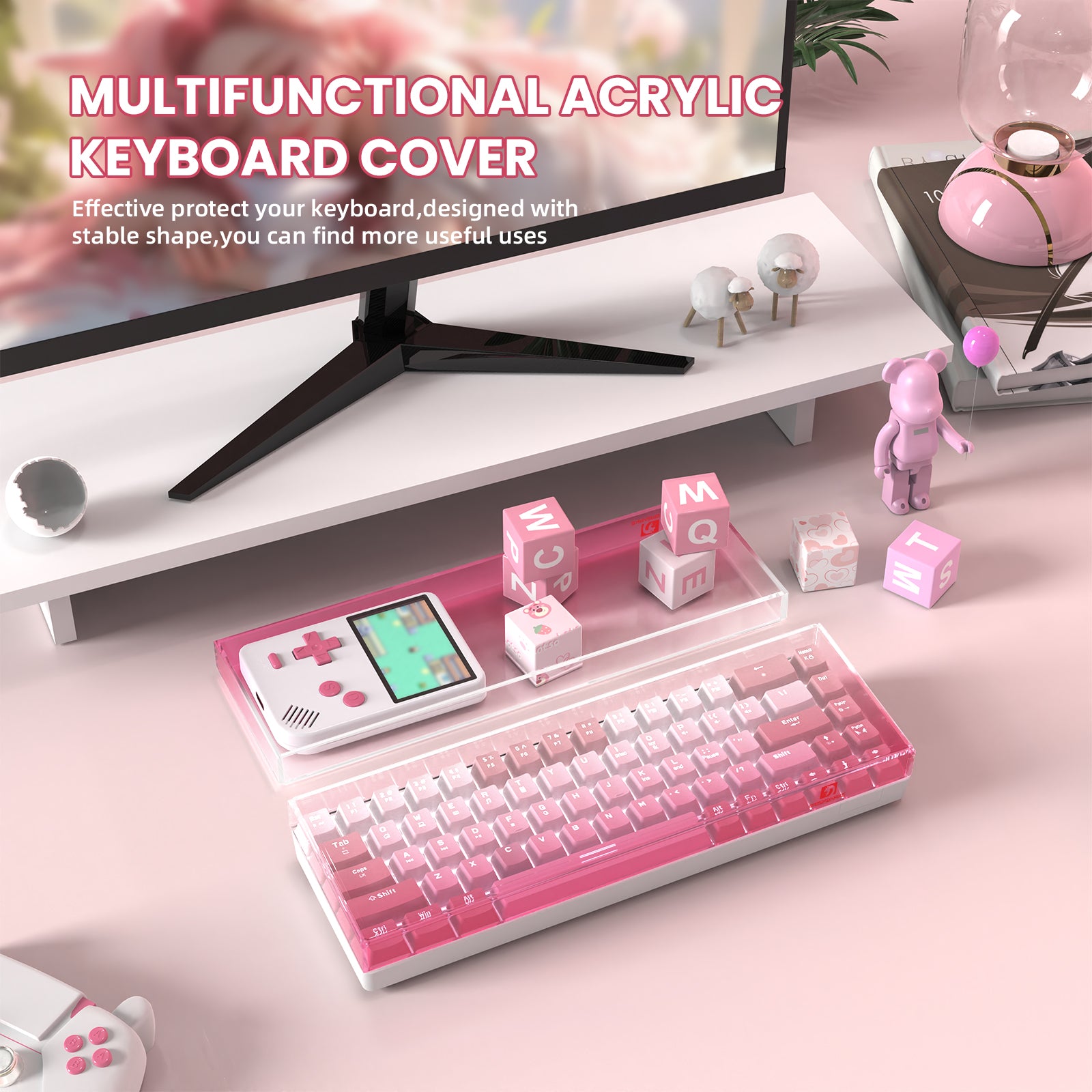 Transparent pink gradient keyboard cover for 68-key keyboards on a stylish desk.