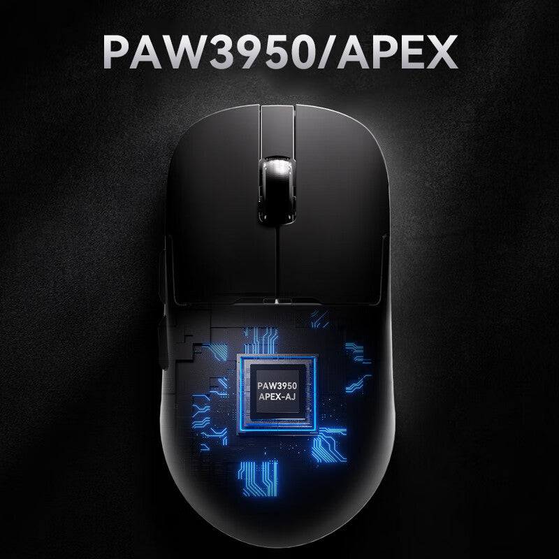 AJAZZ AJ159 APEX gaming mouse close-up highlighting PAW3950 sensor and design.