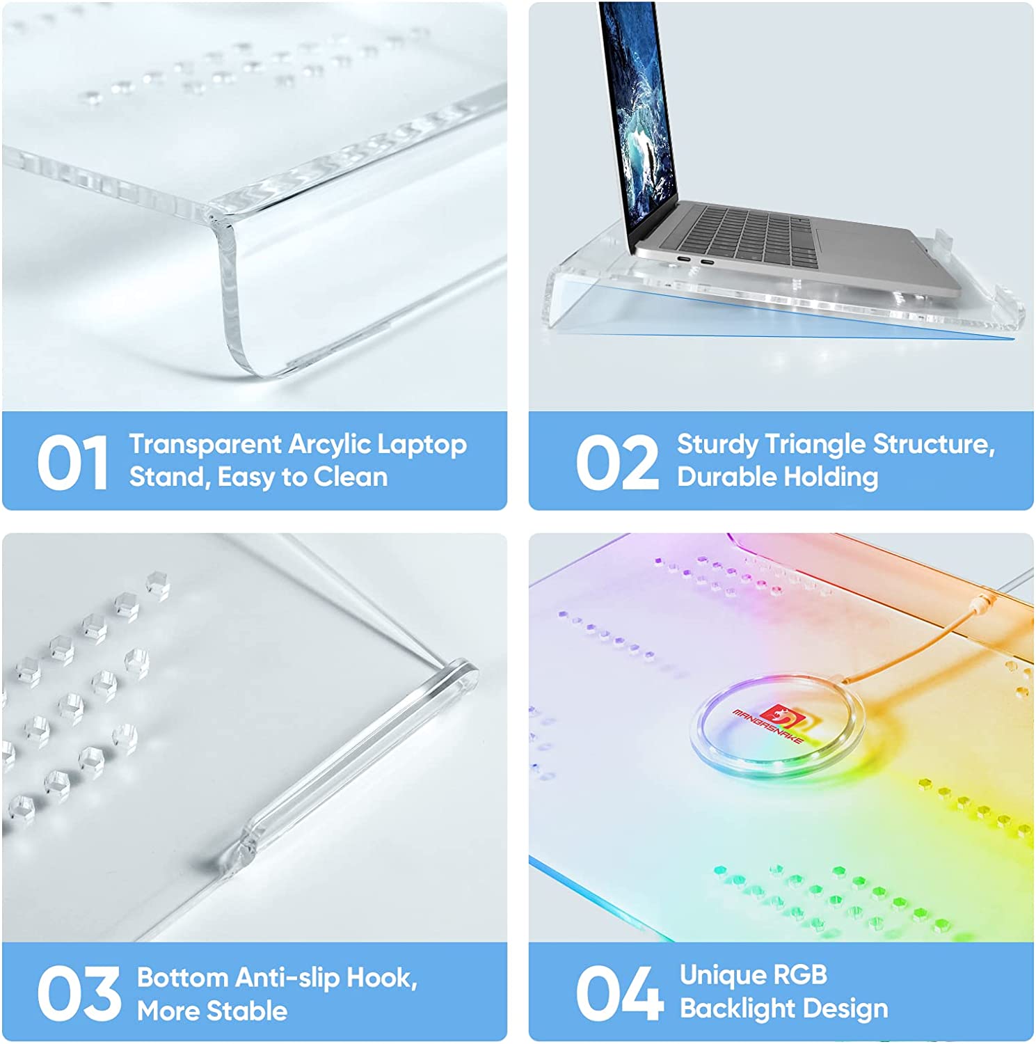 MAMBASNAKE laptop riser features clear acrylic, sturdy design, anti-slip hook, RGB backlight.