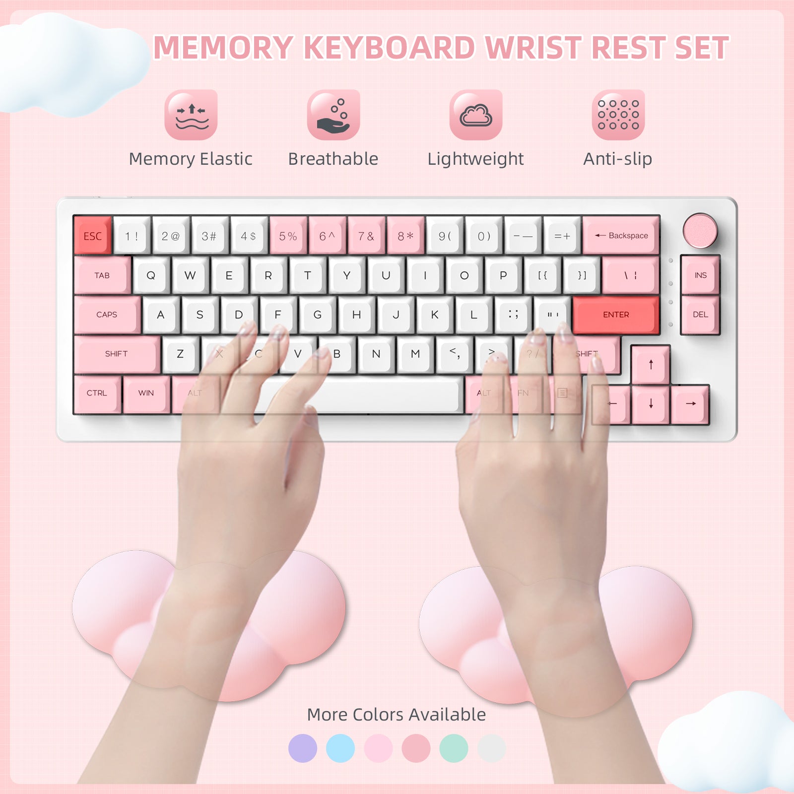 Hands typing on pink mechanical keyboard with ergonomic cloud wrist rest and coaster.