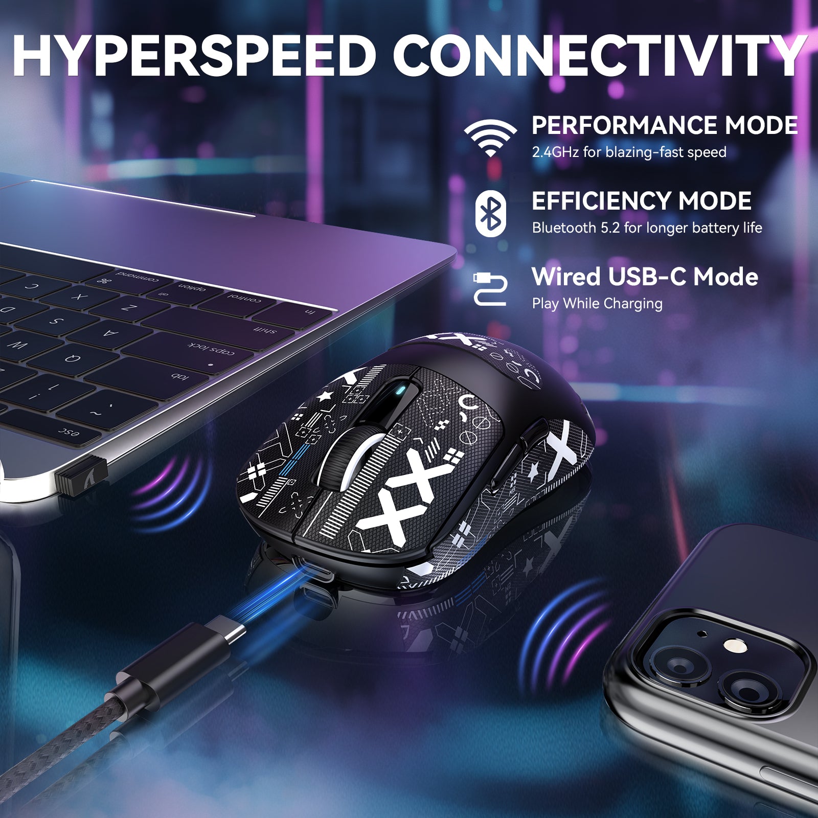 X3MAX gaming mouse showcasing HYPERSPEED connectivity modes: 2.4GHz, Bluetooth, USB-C.