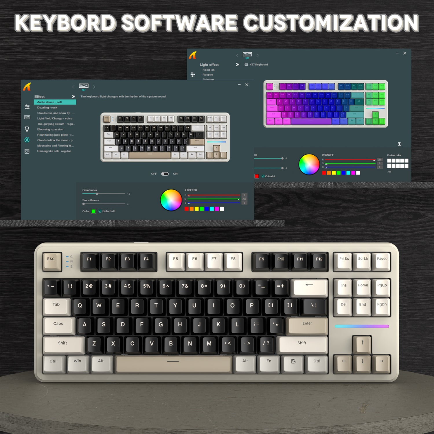 X87 keyboard software customization screen with RGB effects and key mapping options