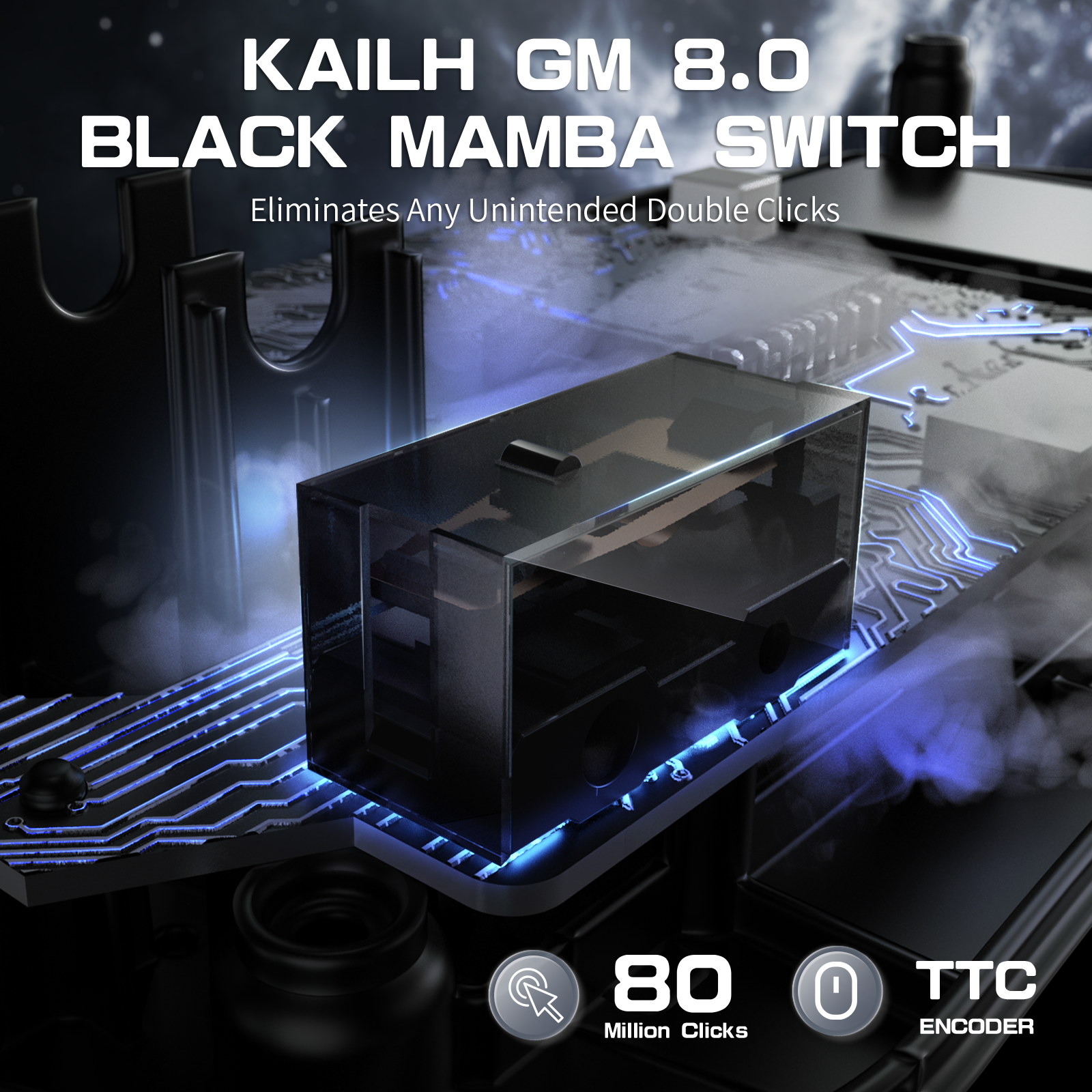 Kailh GM 8.0 Black Mamba switch with 80 million clicks and TTC encoder on circuit board.