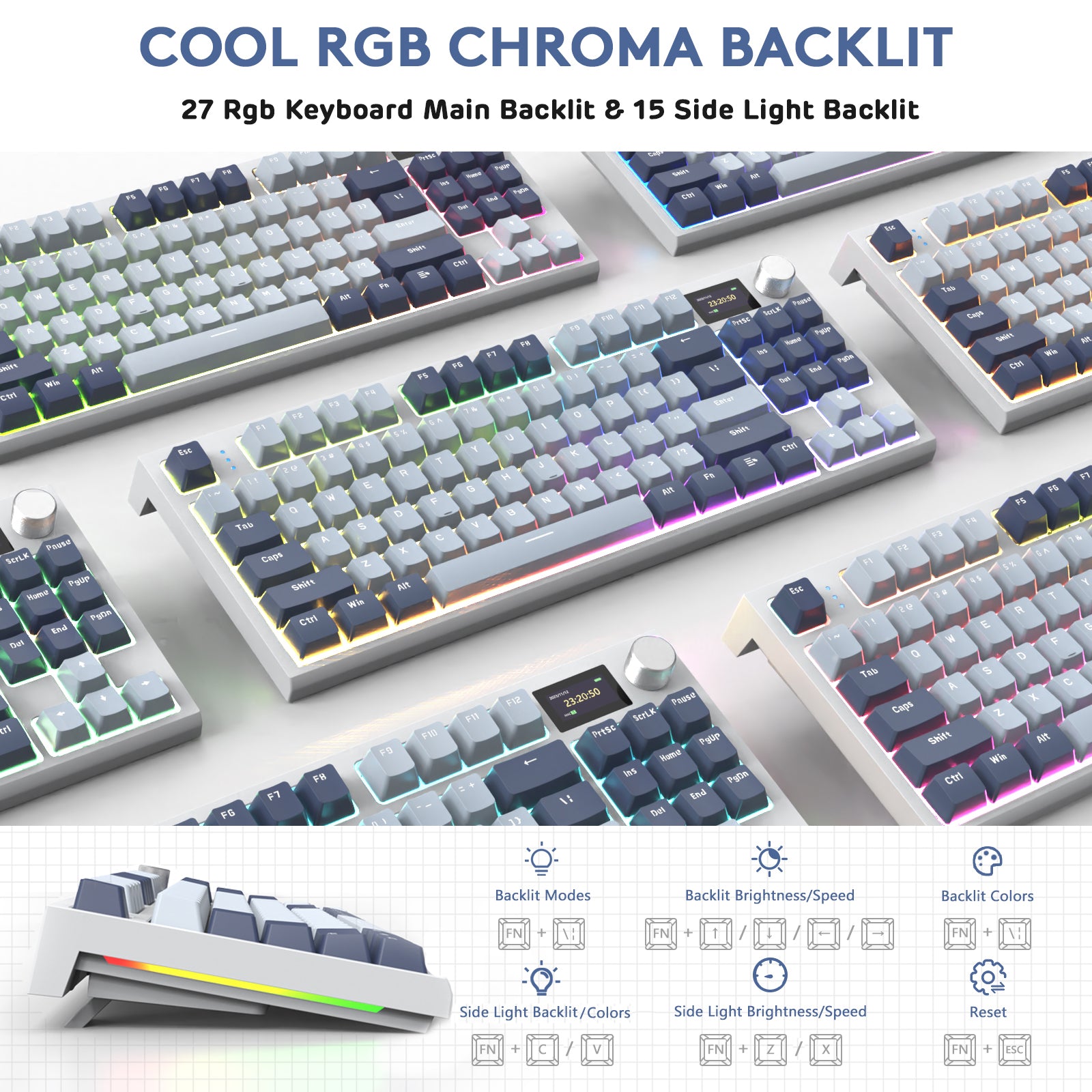 K86PRO mechanical keyboard displaying RGB chroma backlighting modes and brightness controls.