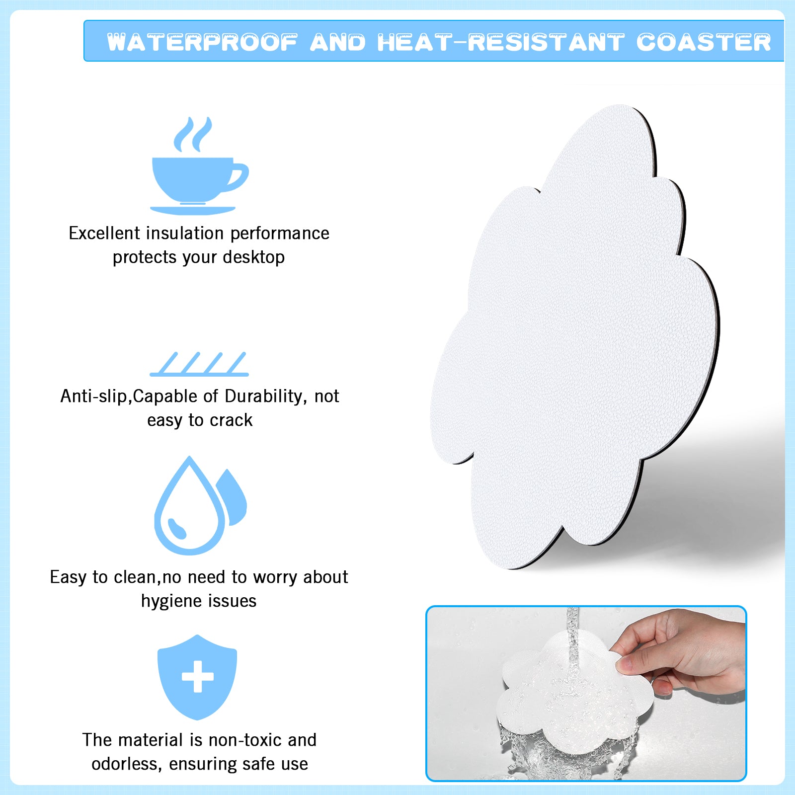 Cloud-shaped white coaster with waterproof and heat-resistant features for desktop protection