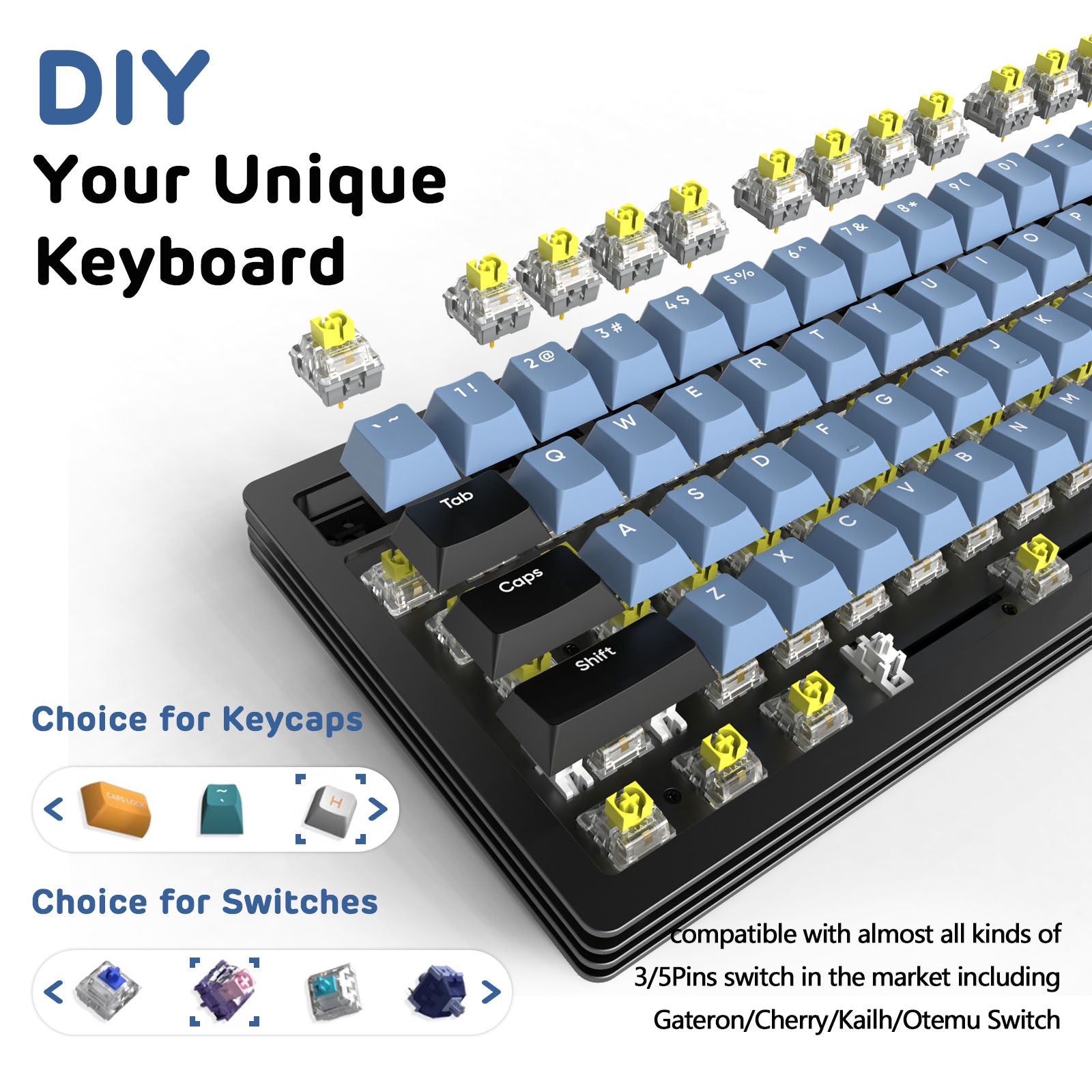 AJAZZ AKC087 keyboard design illustrating DIY options for keycaps and switches.